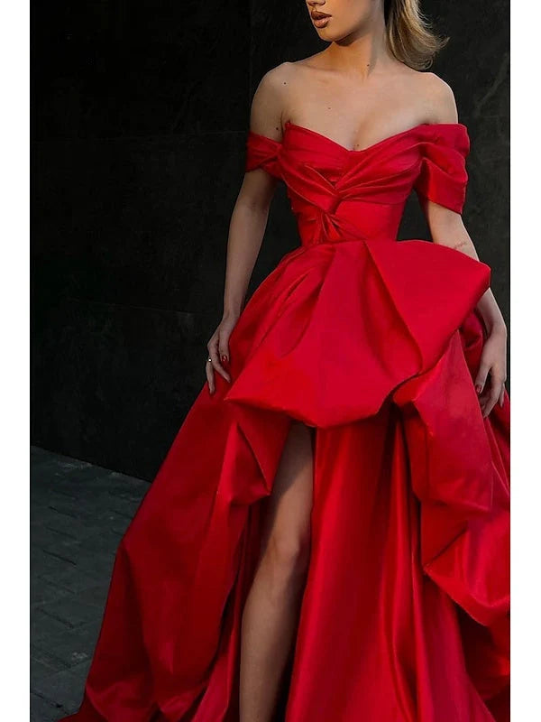 Brush Train Off Shoulder Sleeveless Prom Satin with Slit simple gentle atmospheric and unique desi Bring summer colors to enhance whiteness