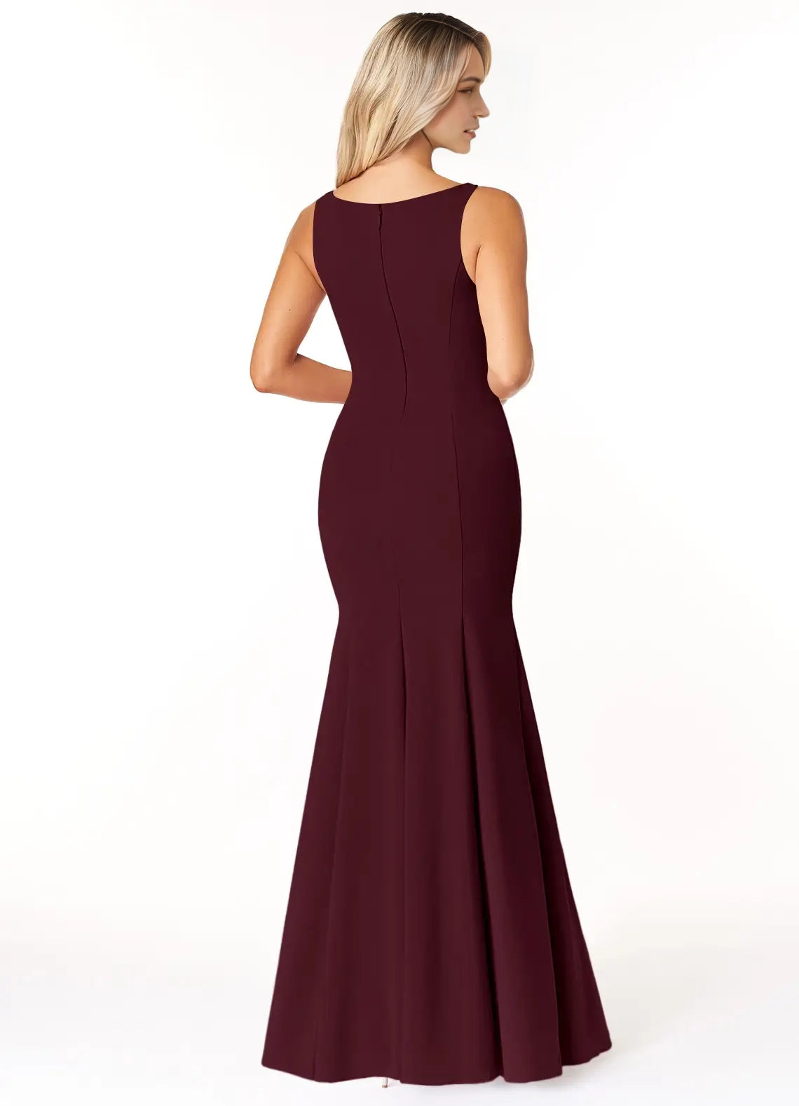 Burgundy Boat Neck Sleeveless Maxi Dress with Side Slit Cabernet Mermaid Scoop Side Slit Stretch Crepe Dress Bridesmaid Dresses