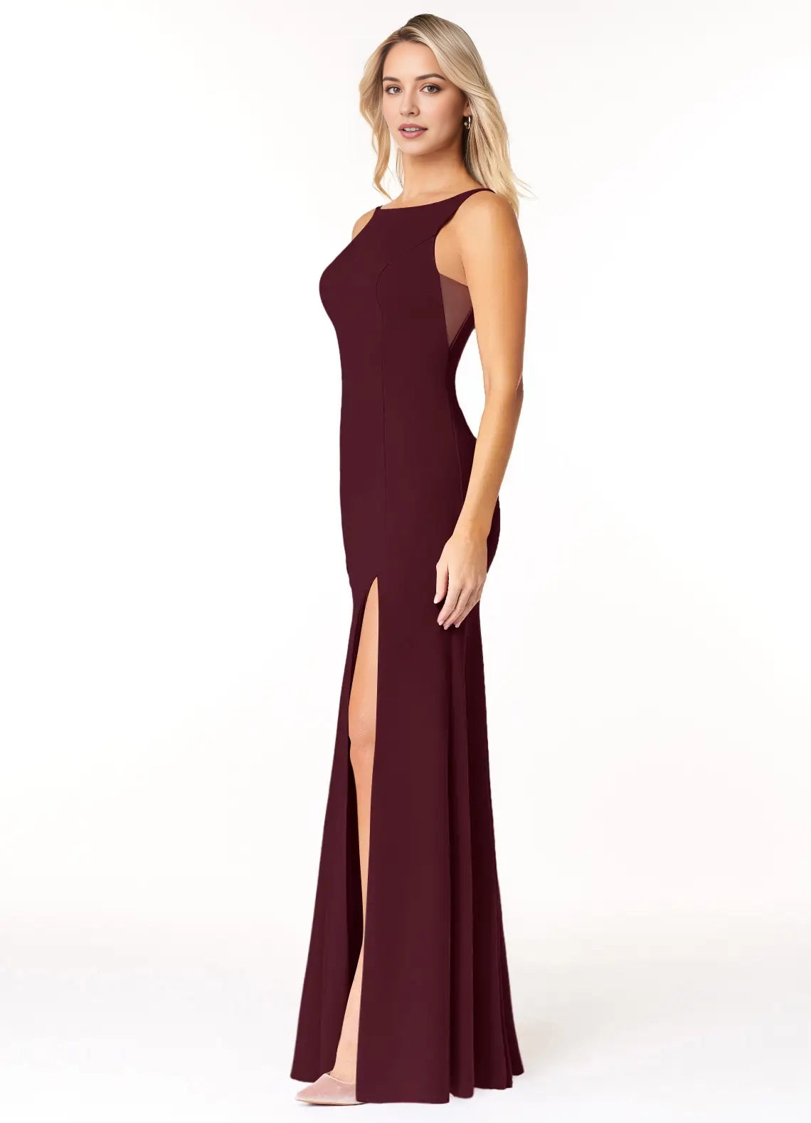 Burgundy Boat Neck Sleeveless Maxi Dress with Side Slit Cabernet Mermaid Scoop Side Slit Stretch Crepe Dress Bridesmaid Dresses