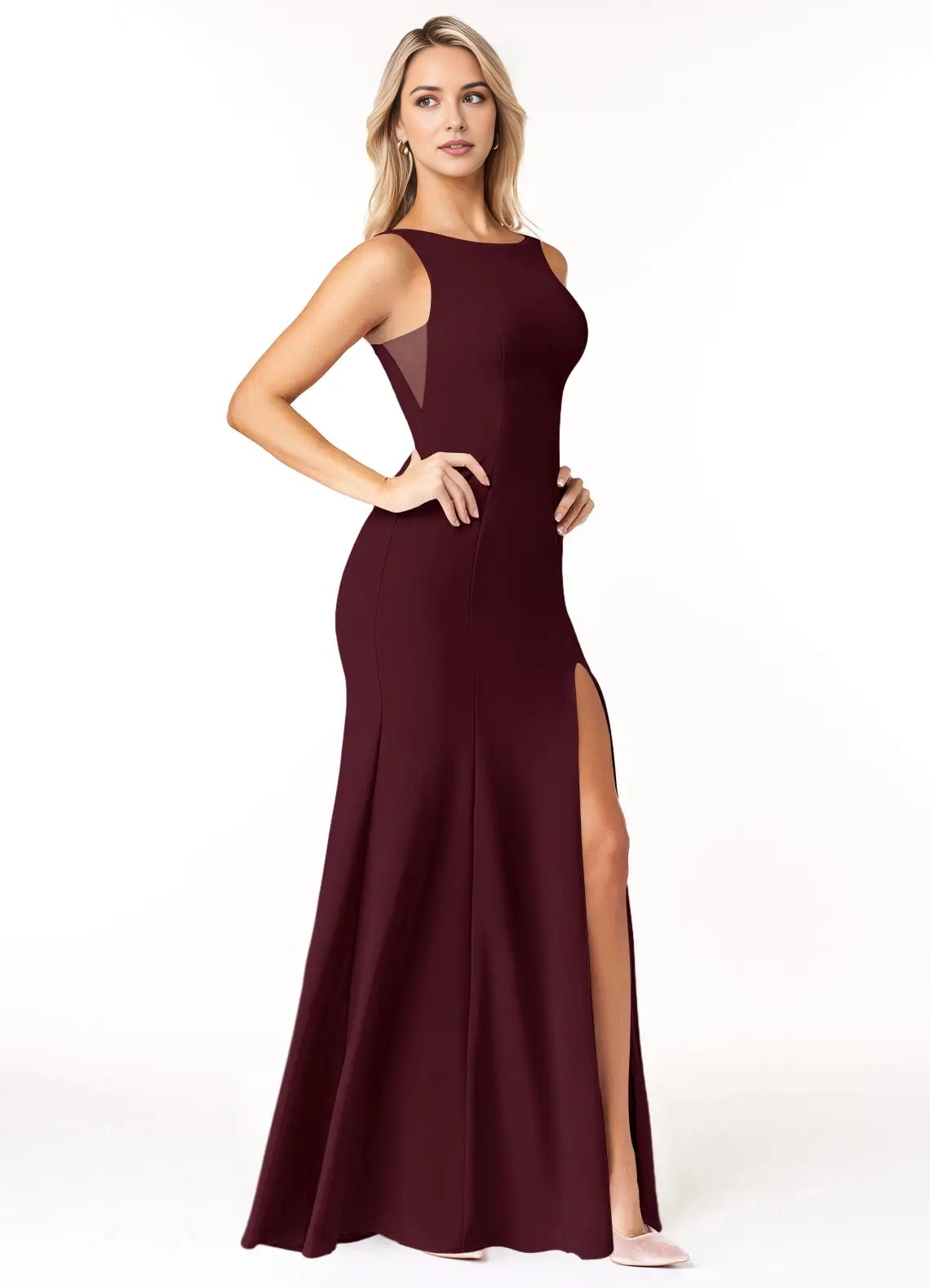 Burgundy Boat Neck Sleeveless Maxi Dress with Side Slit Cabernet Mermaid Scoop Side Slit Stretch Crepe Dress Bridesmaid Dresses