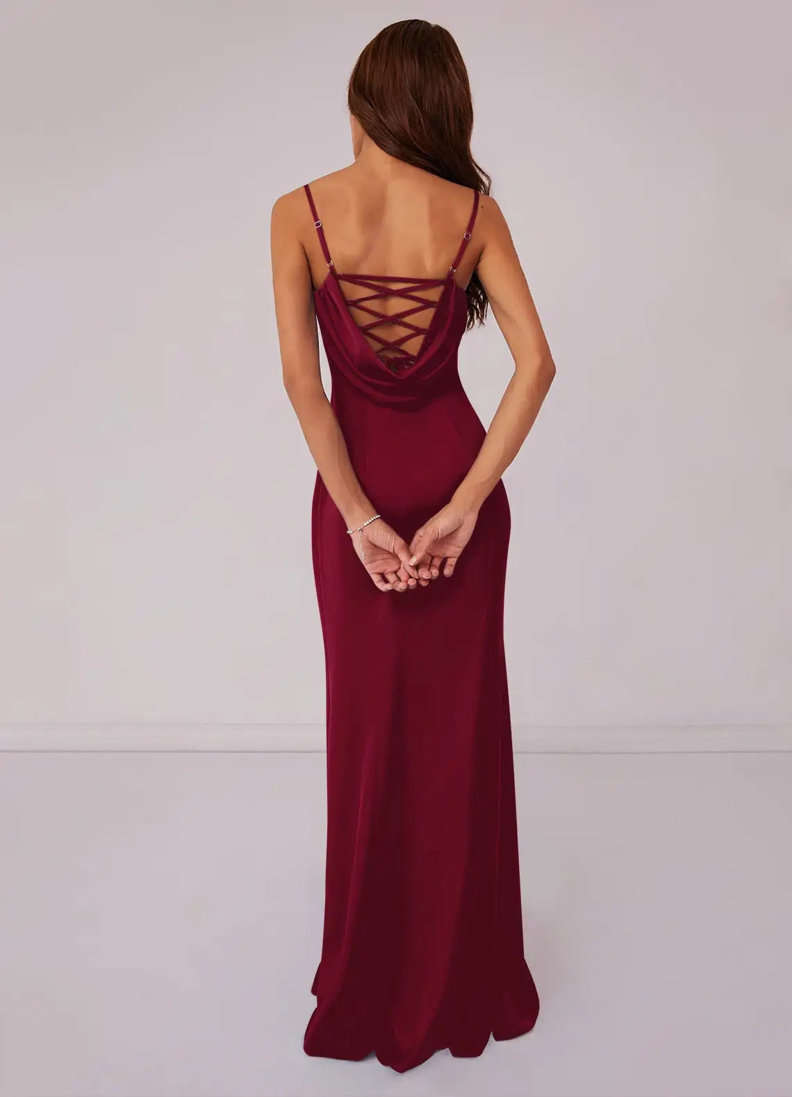 Burgundy Cowl Neck Maxi Dress with Side Slit and Crisscross Back Burgundy Mermaid Corset Stretch Satin Dress Burgundy Bridesmaid Dresses