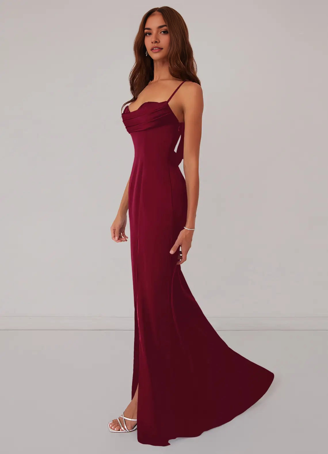 Burgundy Cowl Neck Maxi Dress with Side Slit and Crisscross Back Burgundy Mermaid Corset Stretch Satin Dress Burgundy Bridesmaid Dresses