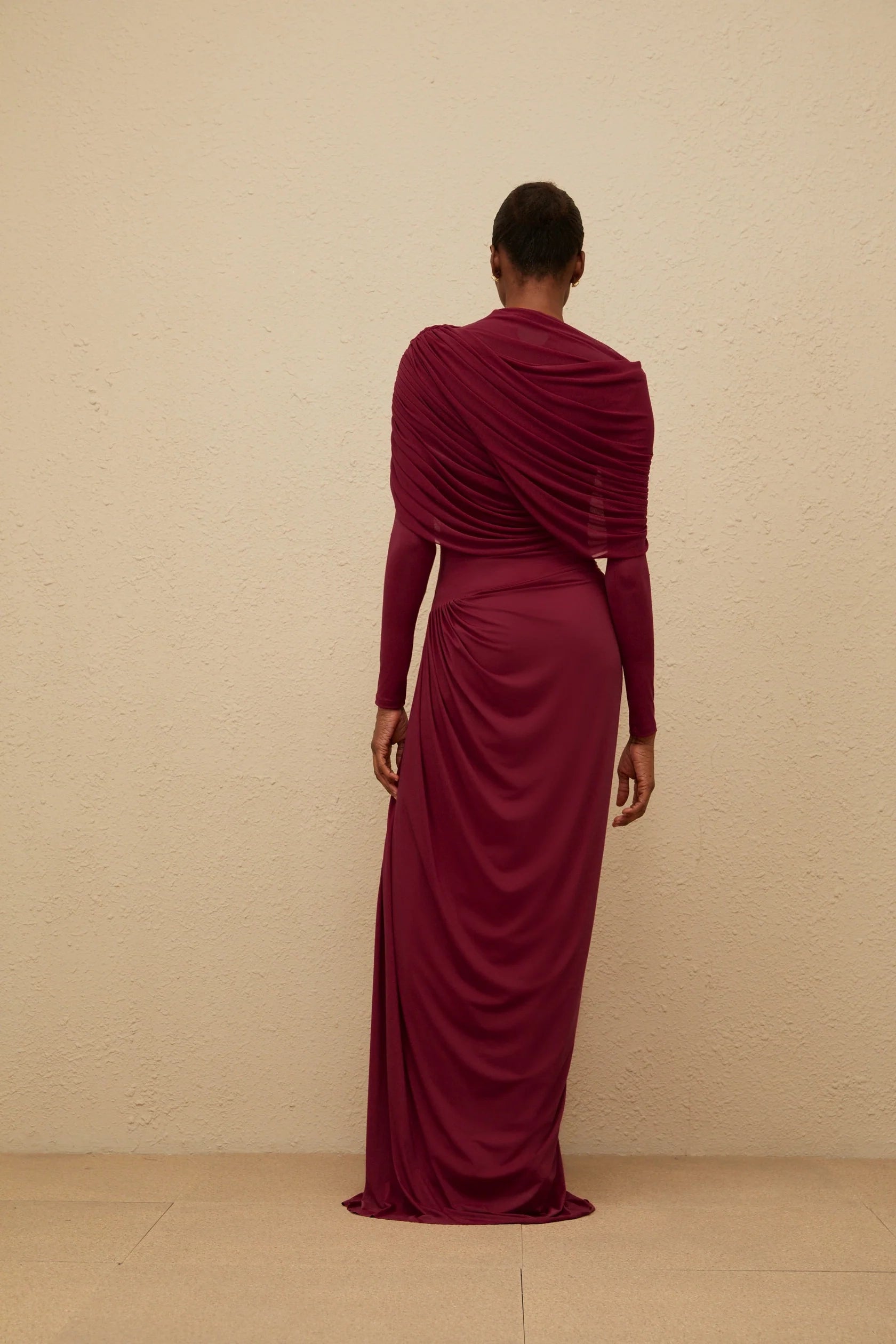 Burgundy Draped High - Neck Long Sleeve Maxi Dress Catherine Red Asymmetrical Pleated Long-Sleeve Maxi Dress Evening Dress