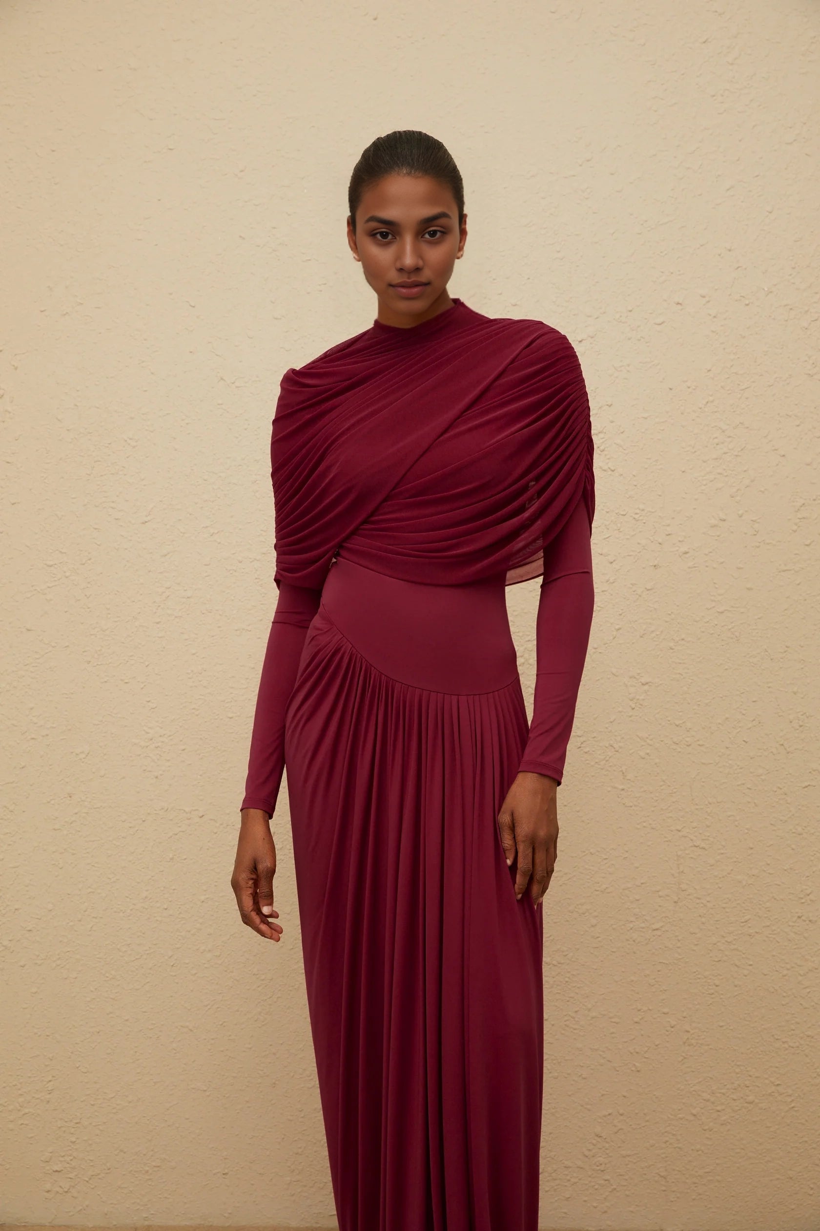 Burgundy Draped High - Neck Long Sleeve Maxi Dress Catherine Red Asymmetrical Pleated Long-Sleeve Maxi Dress Evening Dress