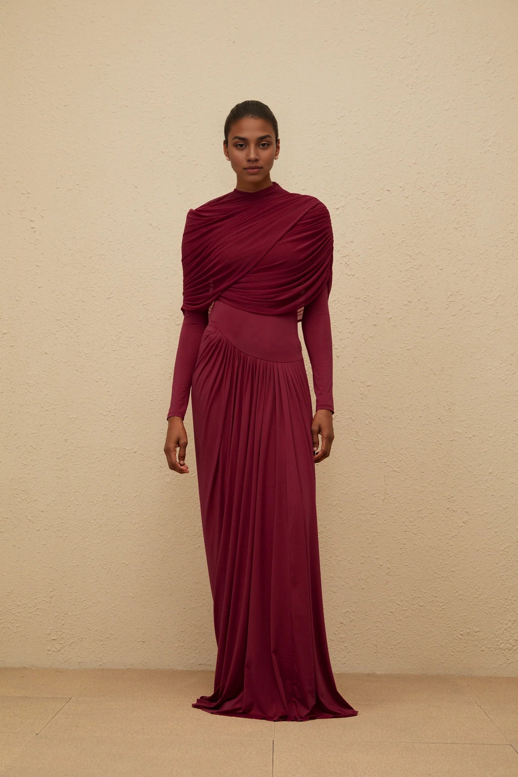 Burgundy Draped High - Neck Long Sleeve Maxi Dress Catherine Red Asymmetrical Pleated Long-Sleeve Maxi Dress Evening Dress