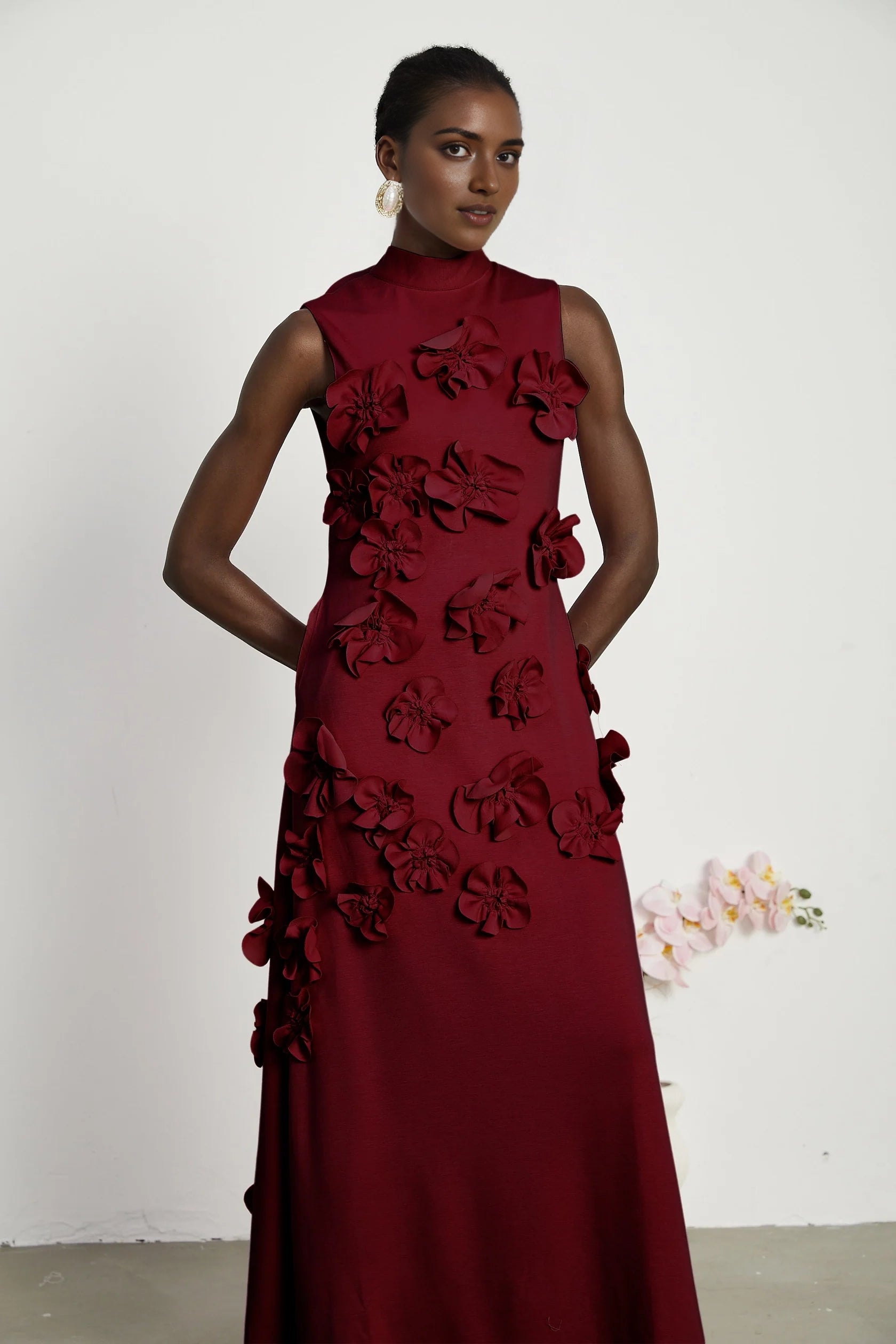 Burgundy Floral Applique Tie - Back Maxi Dress Red Sleeveless Maxi Dress with Faux Flower & Bow-Tie Embellishment Evening Dress