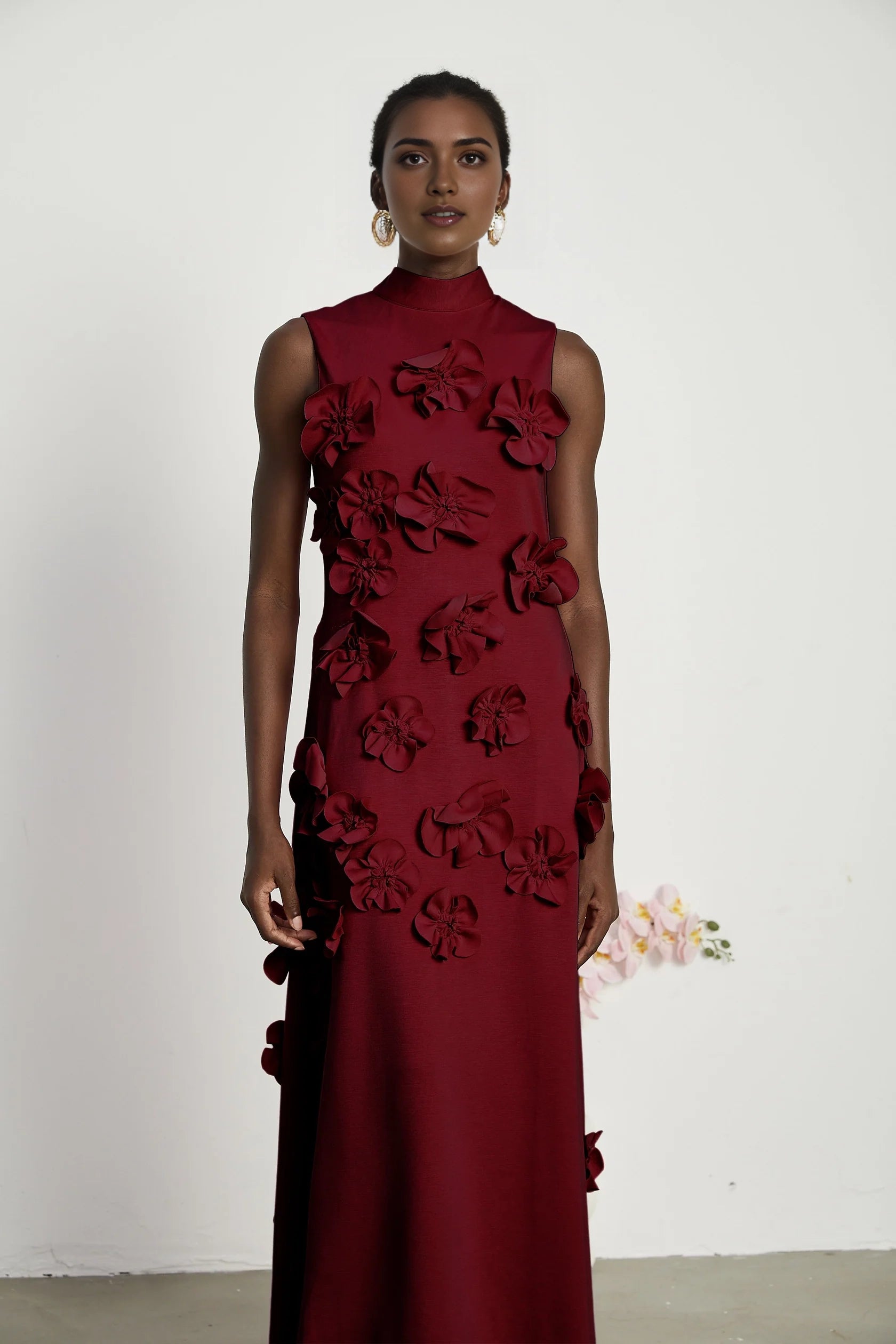 Burgundy Floral Applique Tie - Back Maxi Dress Red Sleeveless Maxi Dress with Faux Flower & Bow-Tie Embellishment Evening Dress