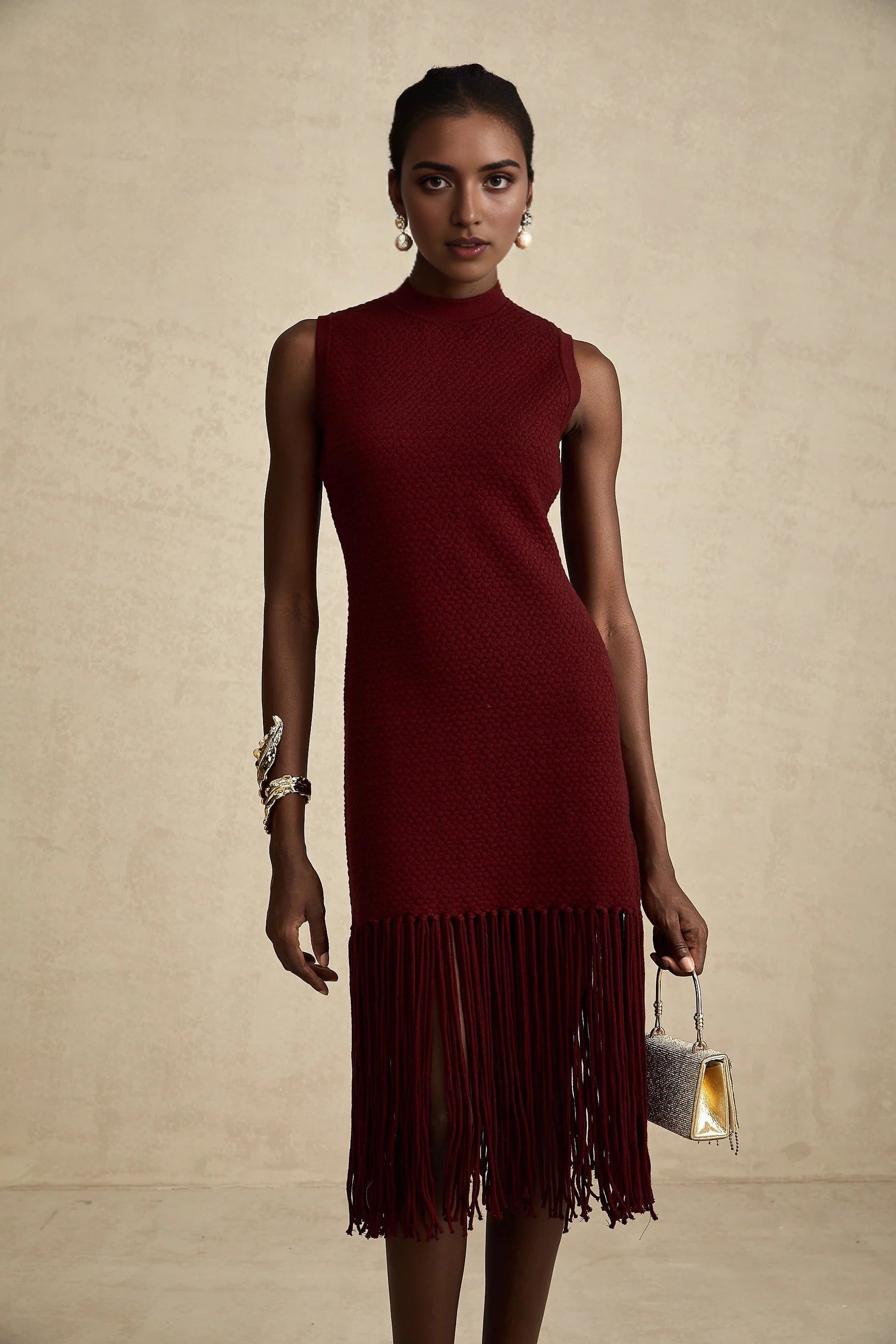 Burgundy Fringe Hem Sleeveless Midi Dress red fringe-detail knitted midi dress Evening Dress