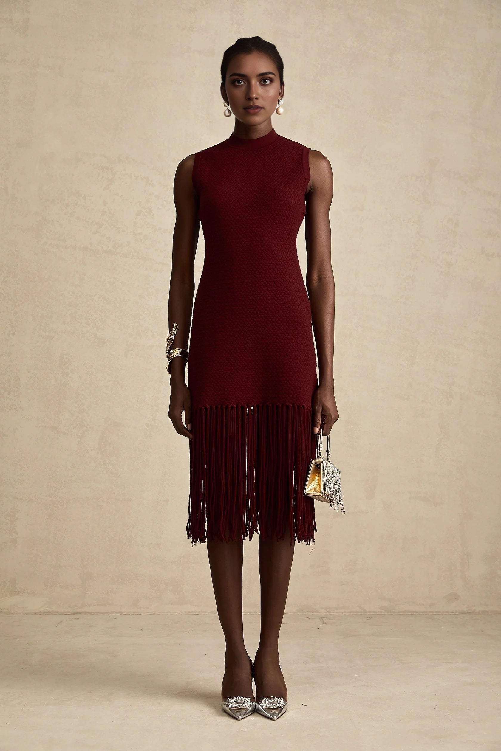 Burgundy Fringe Hem Sleeveless Midi Dress red fringe-detail knitted midi dress Evening Dress