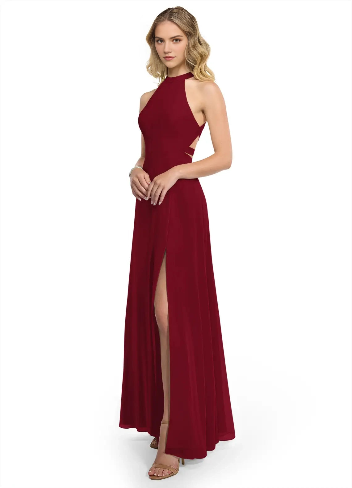 Burgundy A-Line Halter Chiffon DressNeck Maxi with Side Slit and Crisscross Back Bridesmaid Dresses