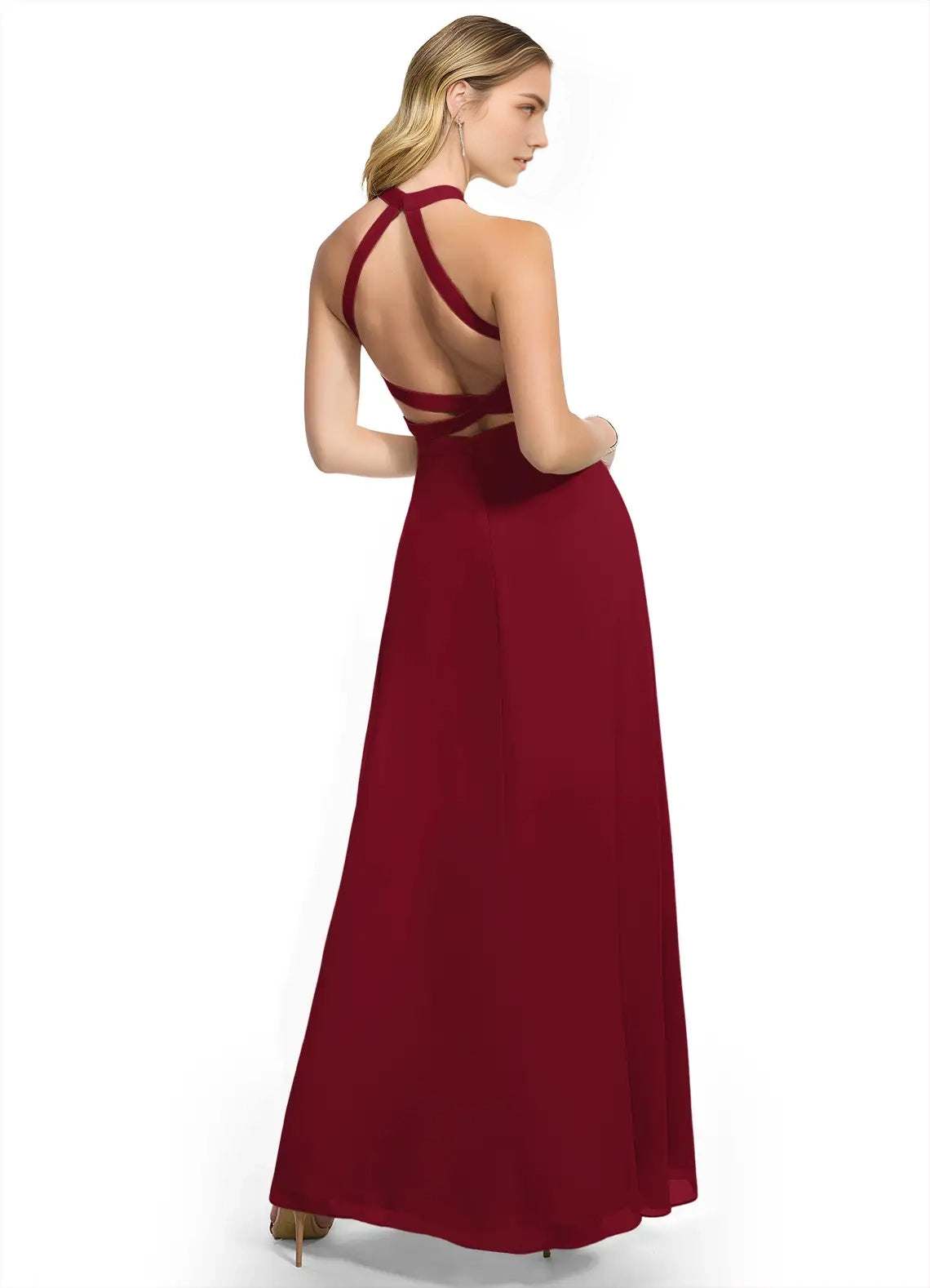 Burgundy A-Line Halter Chiffon DressNeck Maxi with Side Slit and Crisscross Back Bridesmaid Dresses