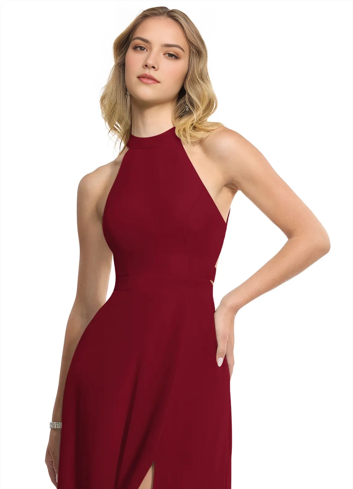 Burgundy A-Line Halter Chiffon DressNeck Maxi with Side Slit and Crisscross Back Bridesmaid Dresses