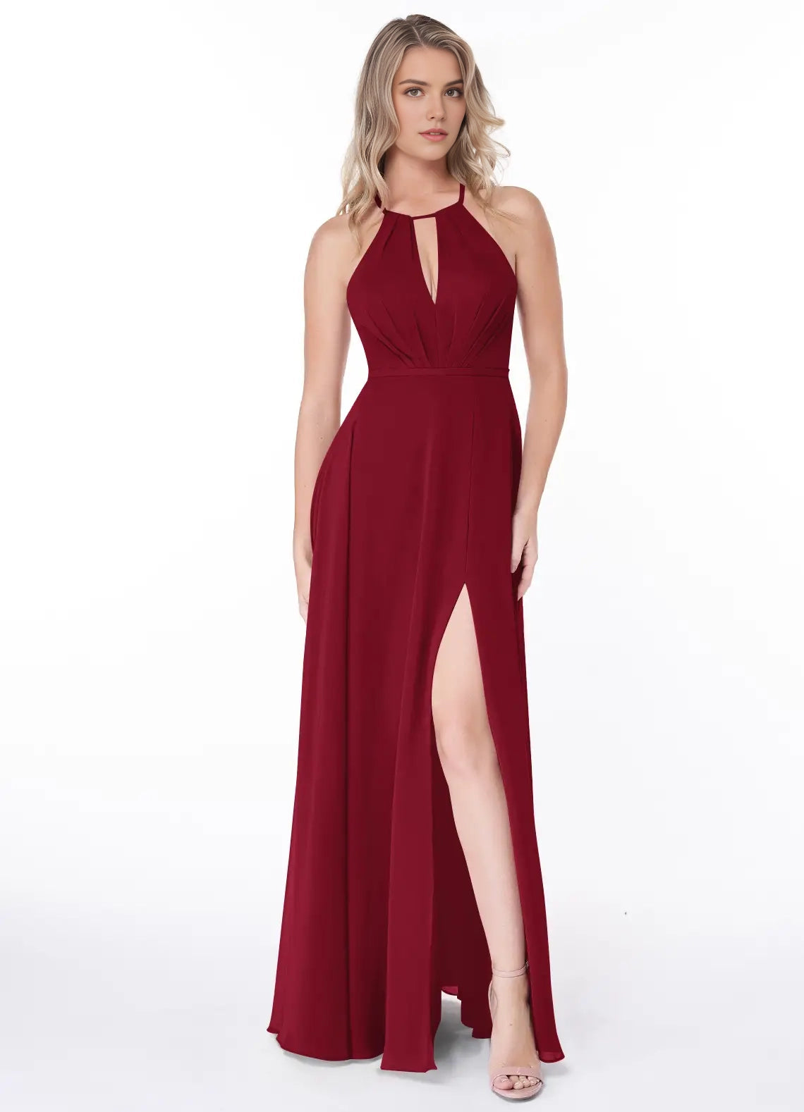 Burgundy Halter Neck Open Back Evening Gown with Side Slit A-Line Pleated Chiffon Dress Bridesmaid Dresses