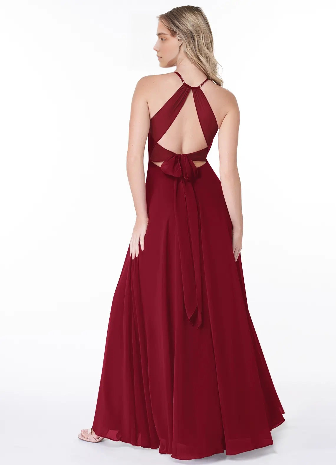 Burgundy Halter Neck Open Back Evening Gown with Side Slit A-Line Pleated Chiffon Dress Bridesmaid Dresses