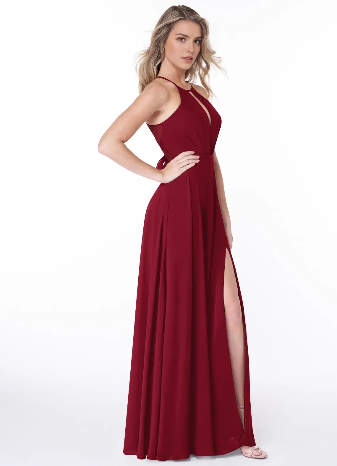 Burgundy Halter Neck Open Back Evening Gown with Side Slit A-Line Pleated Chiffon Dress Bridesmaid Dresses