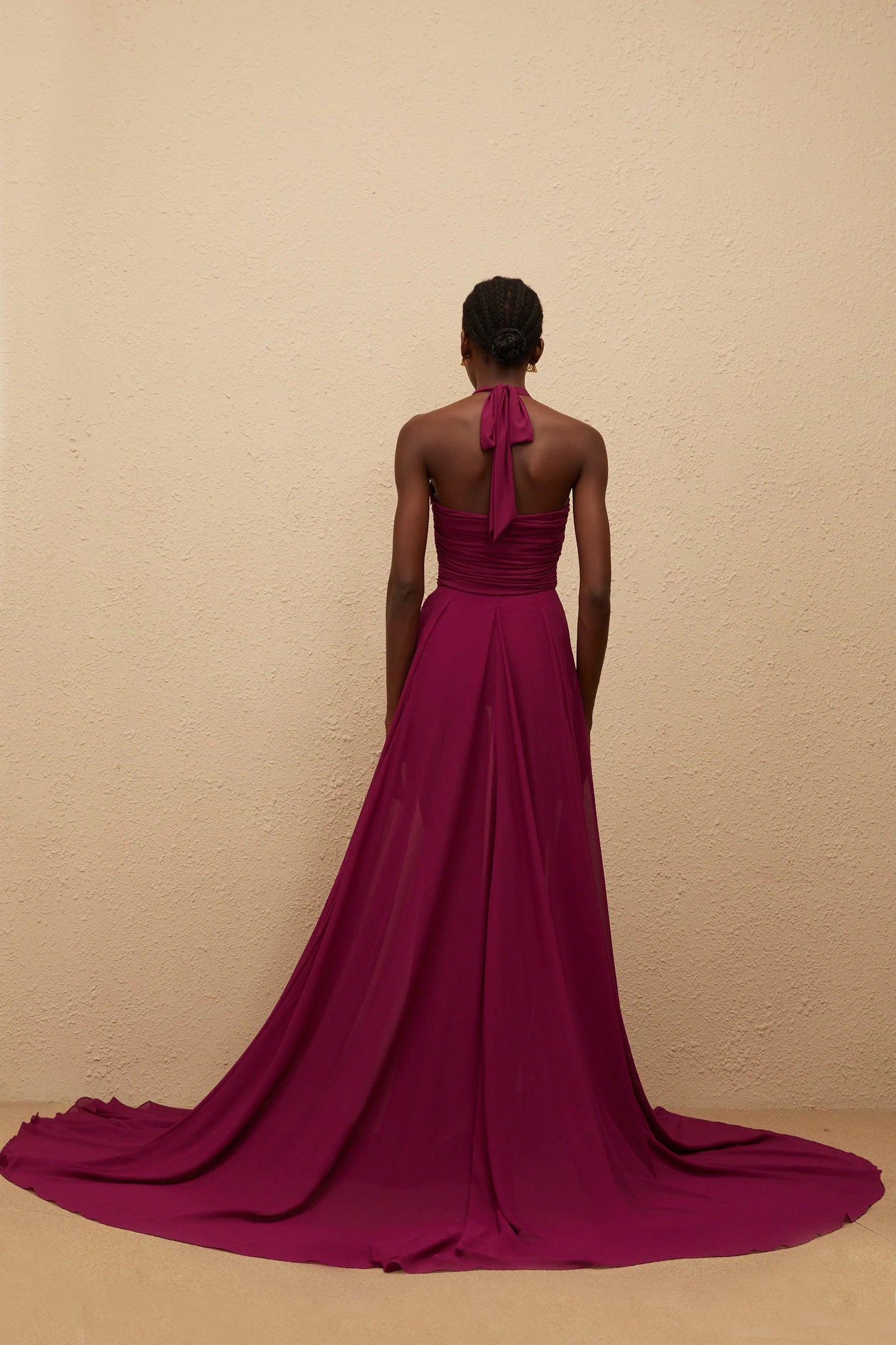 Burgundy Halter Neck Ruched Evening Gown with Train Purple Train Design Ruched Maxi Dress Evening Dress