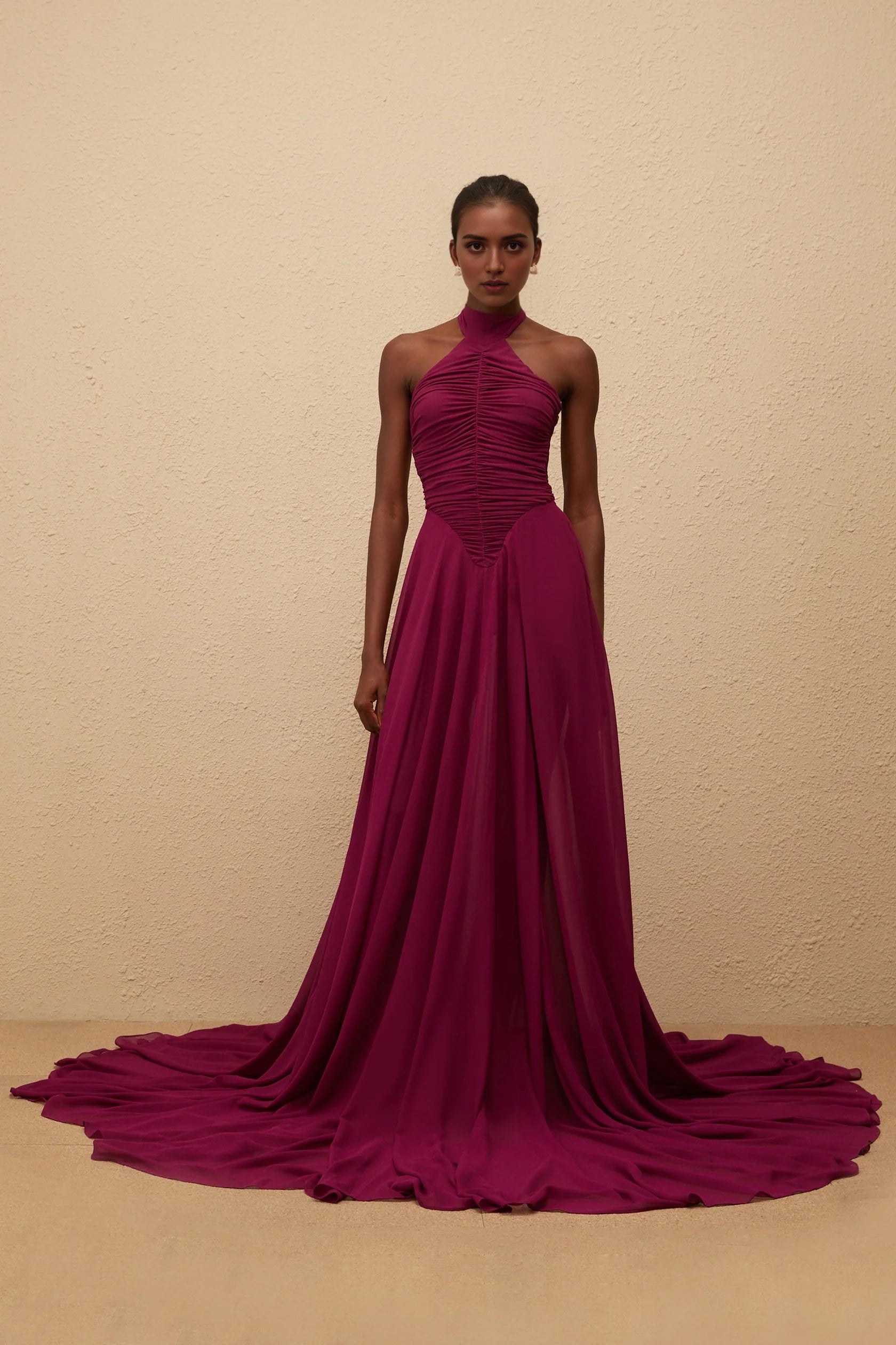 Burgundy Halter Neck Ruched Evening Gown with Train Purple Train Design Ruched Maxi Dress Evening Dress