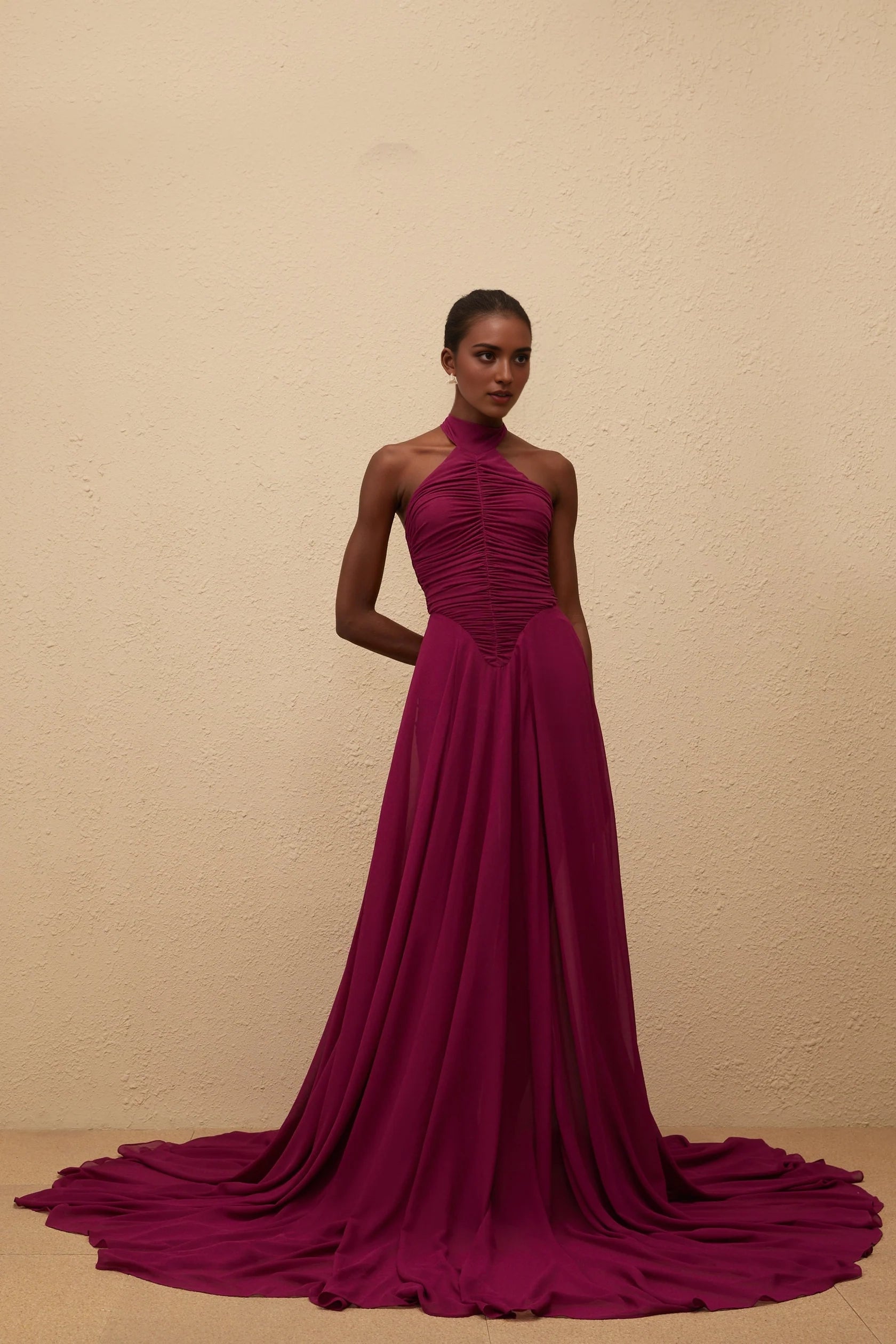 Burgundy Halter Neck Ruched Evening Gown with Train Purple Train Design Ruched Maxi Dress Evening Dress