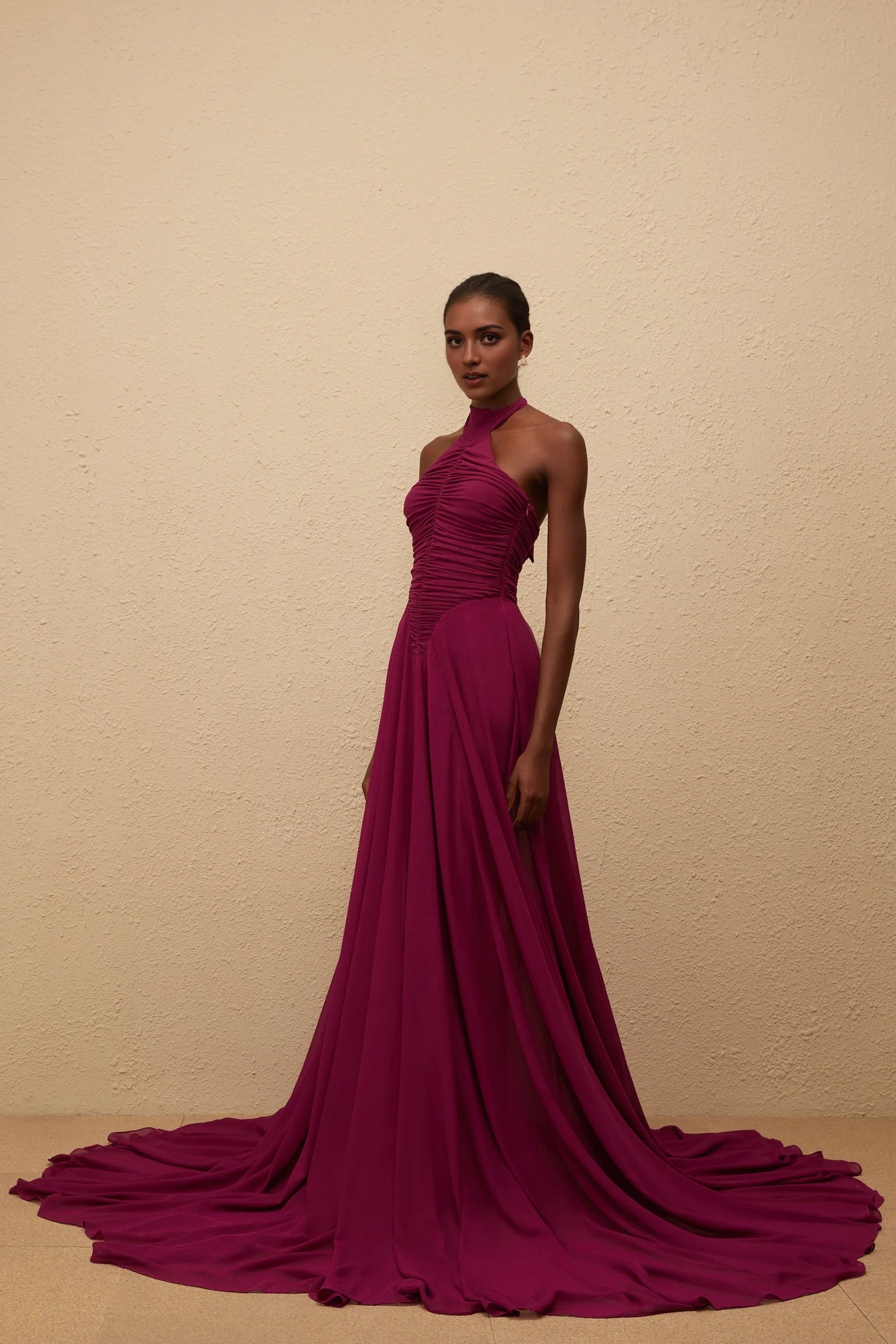 Burgundy Halter Neck Ruched Evening Gown with Train Purple Train Design Ruched Maxi Dress Evening Dress