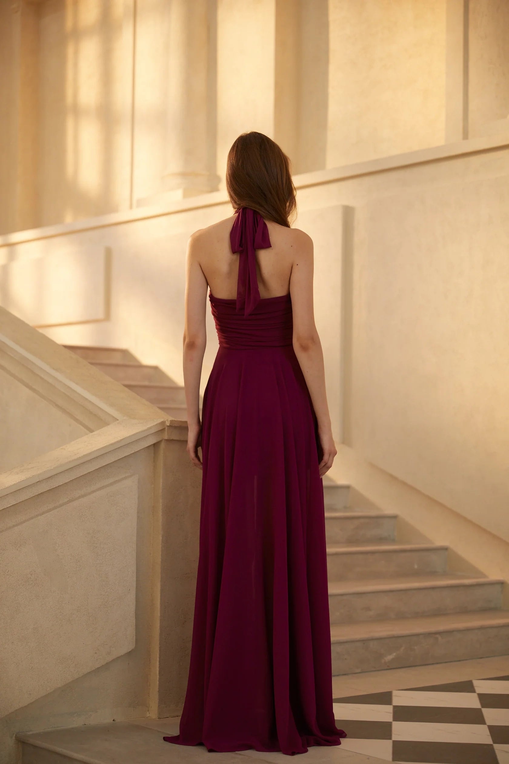 Burgundy Halter Neck Ruched Maxi Dress Kerstin Purple Ruched Maxi Dress Evening Dress