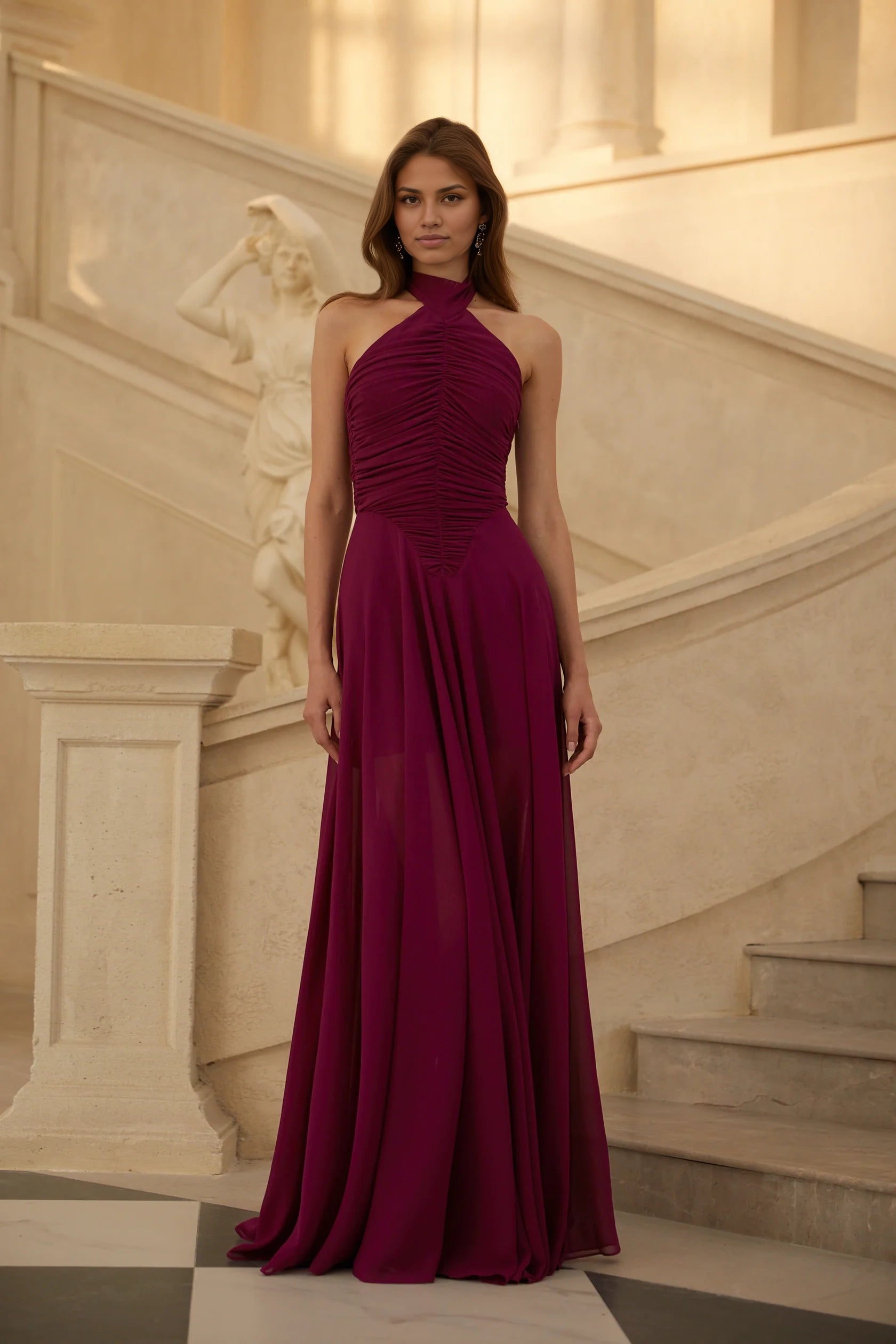Burgundy Halter Neck Ruched Maxi Dress Kerstin Purple Ruched Maxi Dress Evening Dress