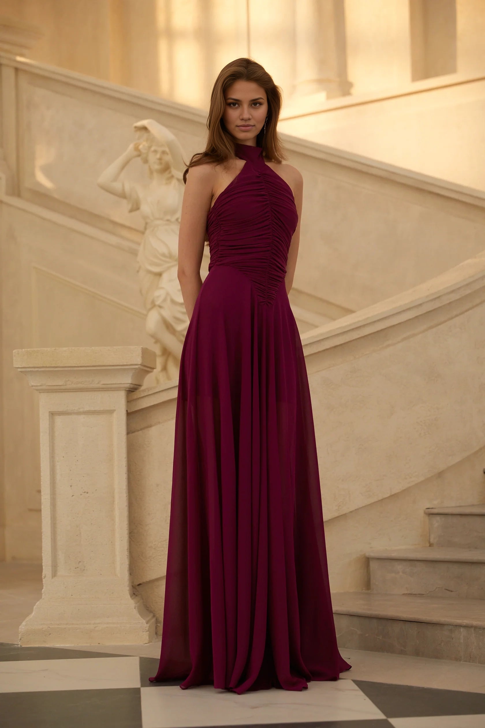 Burgundy Halter Neck Ruched Maxi Dress Kerstin Purple Ruched Maxi Dress Evening Dress