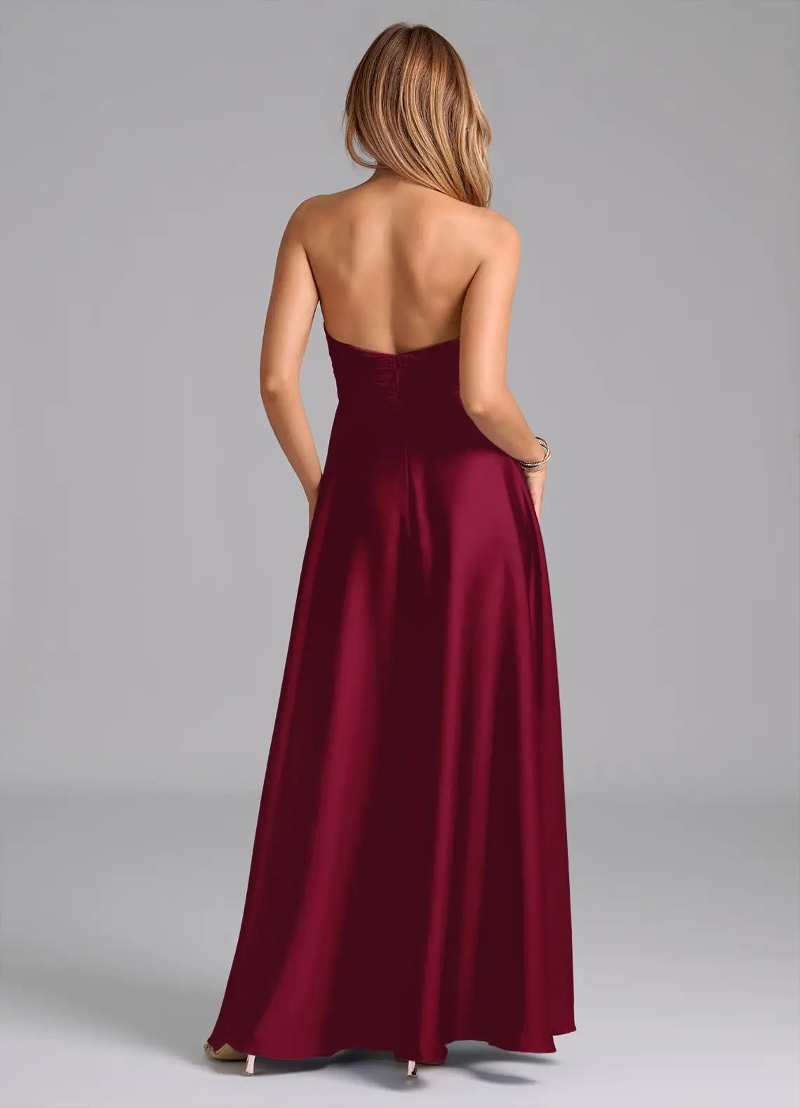 Burgundy Halter Neck Satin Maxi Dress  A-Line Pleated Stretch Satin Dress Bridesmaid Dresses