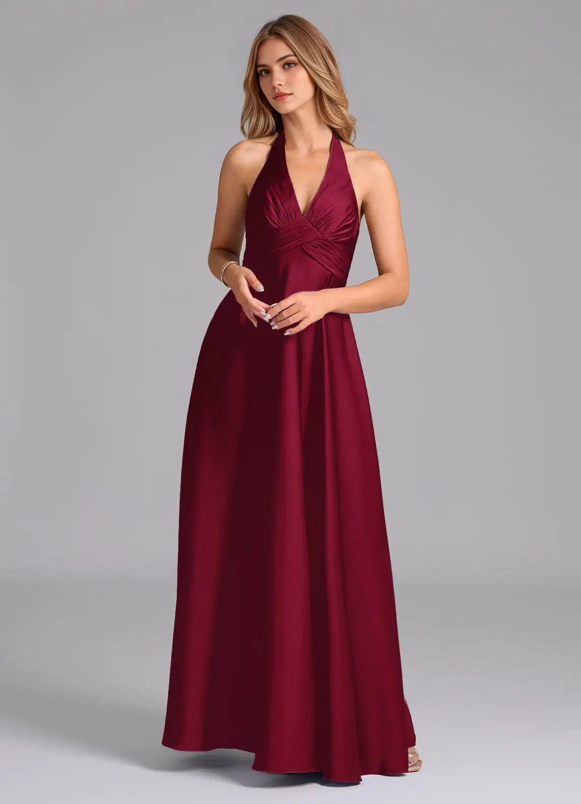 Burgundy Halter Neck Satin Maxi Dress  A-Line Pleated Stretch Satin Dress Bridesmaid Dresses