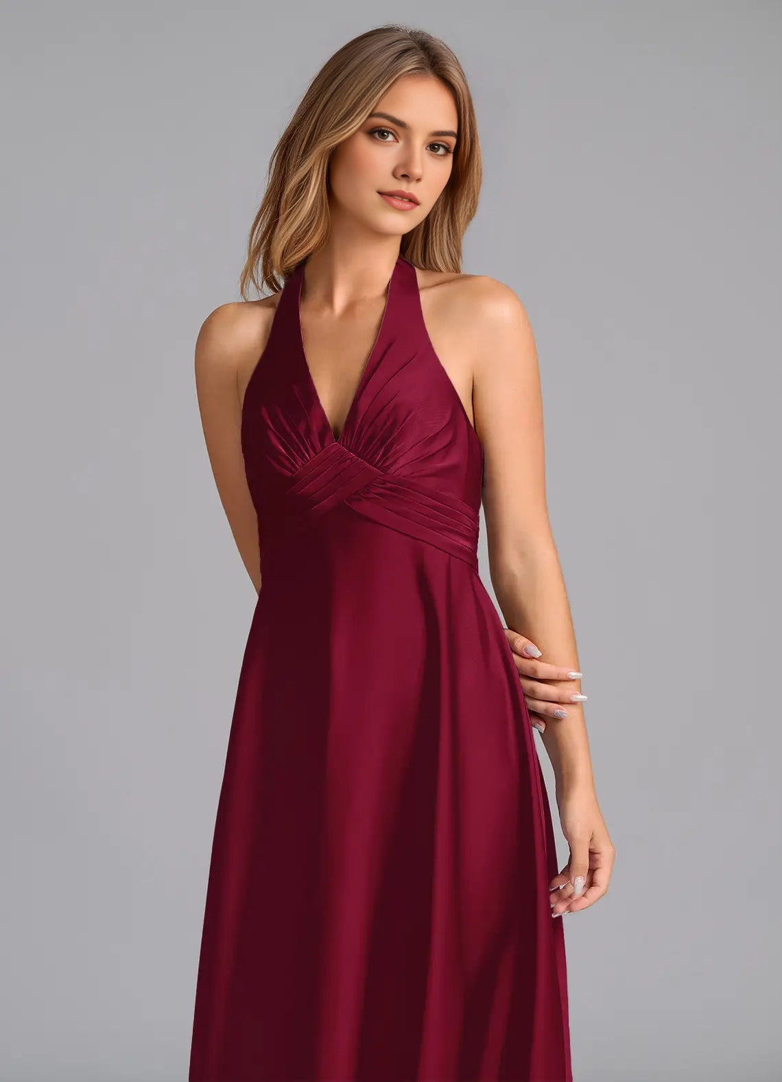 Burgundy Halter Neck Satin Maxi Dress  A-Line Pleated Stretch Satin Dress Bridesmaid Dresses