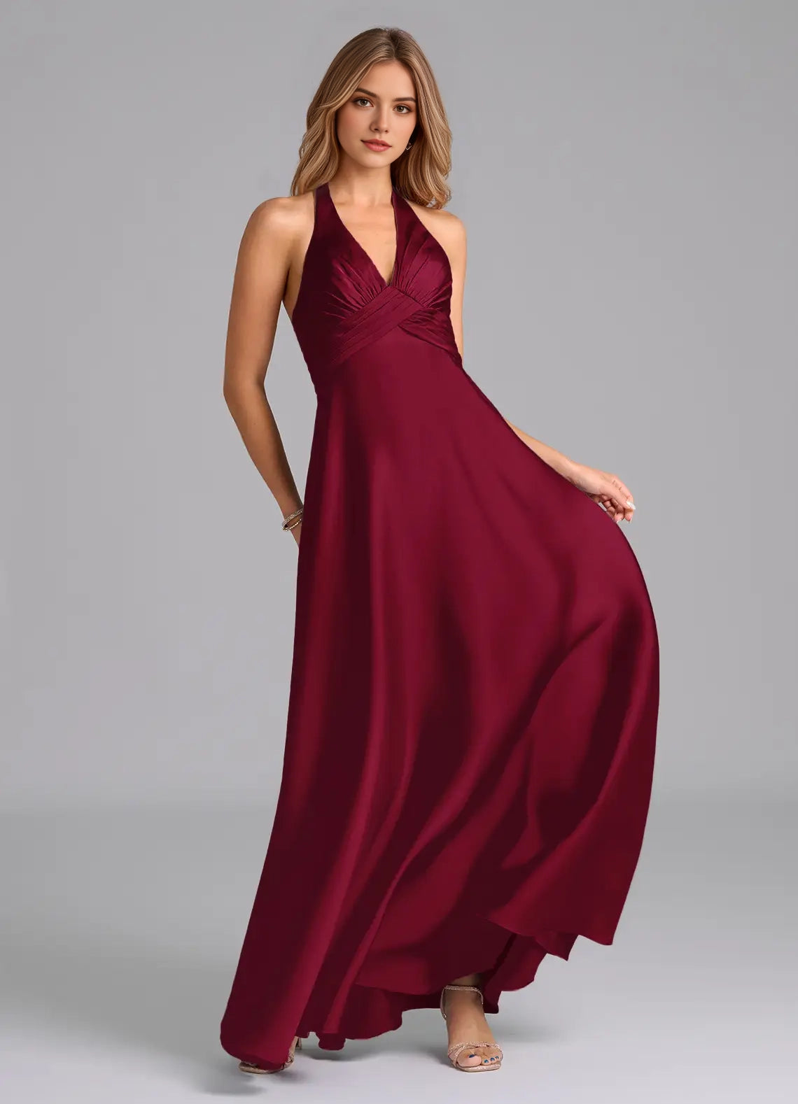 Burgundy Halter Neck Satin Maxi Dress  A-Line Pleated Stretch Satin Dress Bridesmaid Dresses