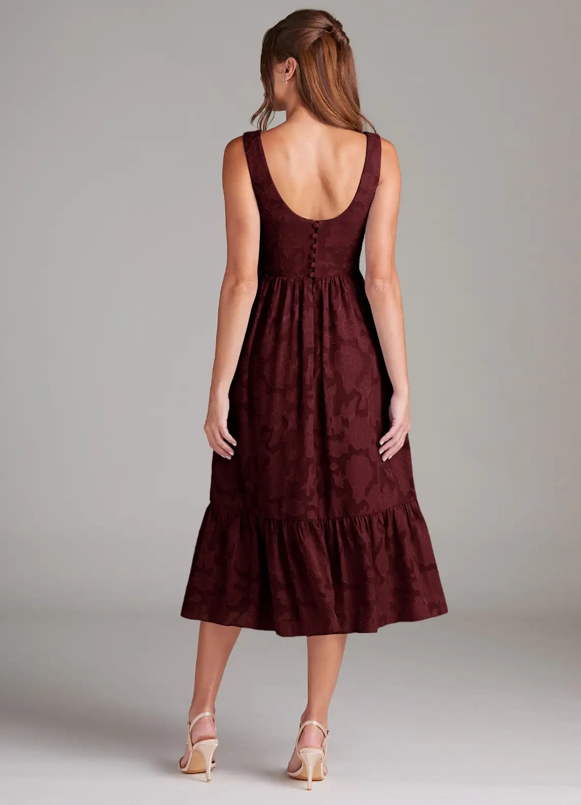 Burgundy Jacquard Square Neck Midi Dress with Tiered Skirt Cabernet A-Line with Pockets Floral Burnout Dress Bridesmaid Dresses
