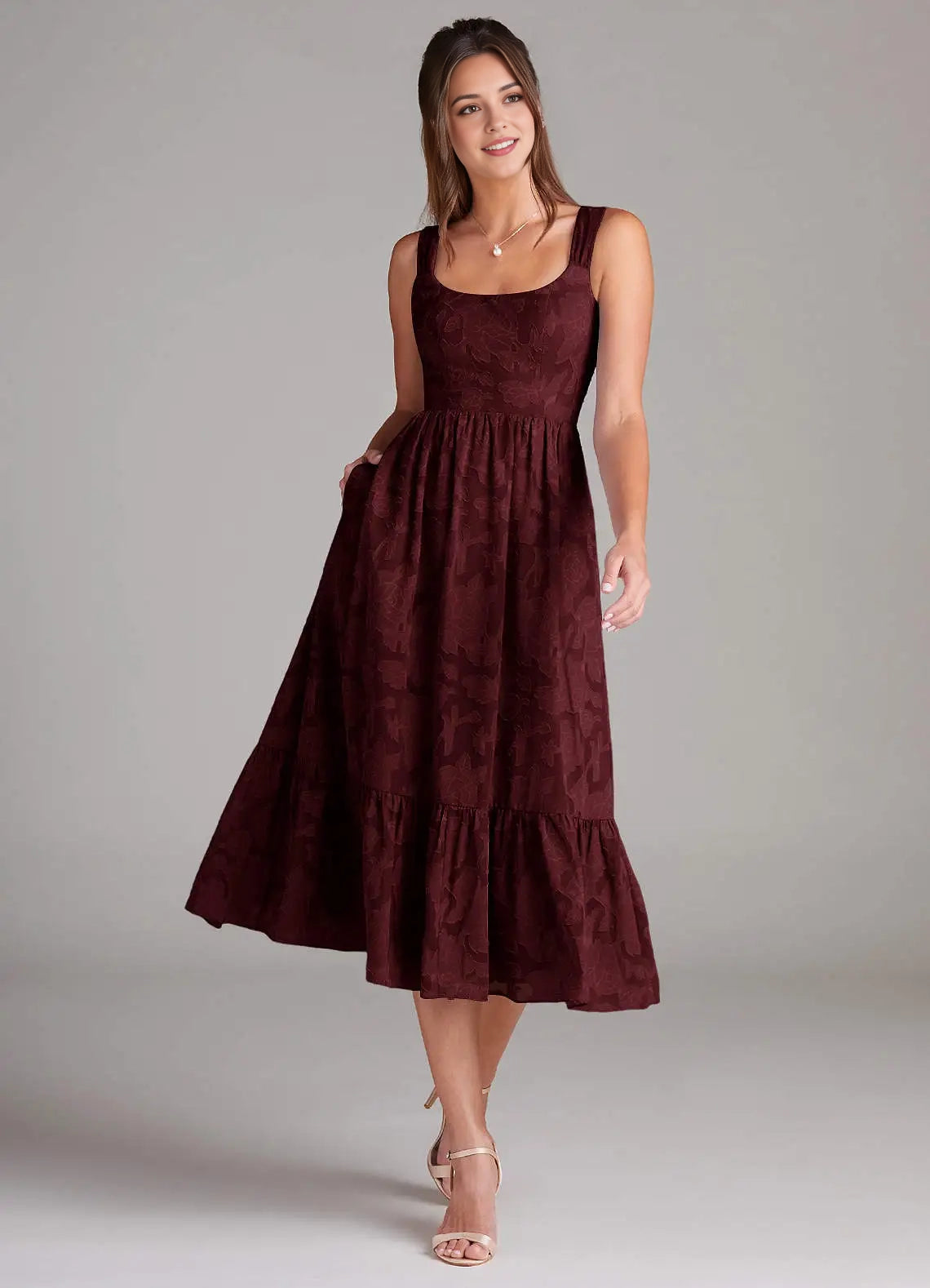 Burgundy Jacquard Square Neck Midi Dress with Tiered Skirt Cabernet A-Line with Pockets Floral Burnout Dress Bridesmaid Dresses