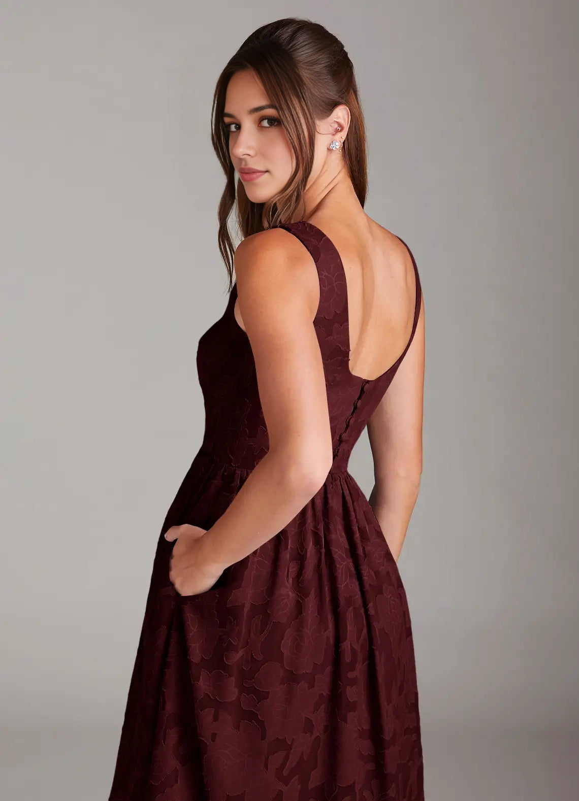 Burgundy Jacquard Square Neck Midi Dress with Tiered Skirt Cabernet A-Line with Pockets Floral Burnout Dress Bridesmaid Dresses