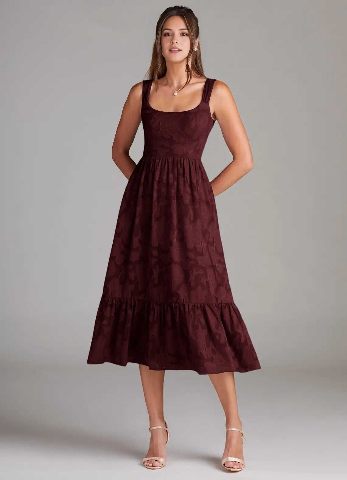 Burgundy Jacquard Square Neck Midi Dress with Tiered Skirt Cabernet A-Line with Pockets Floral Burnout Dress Bridesmaid Dresses