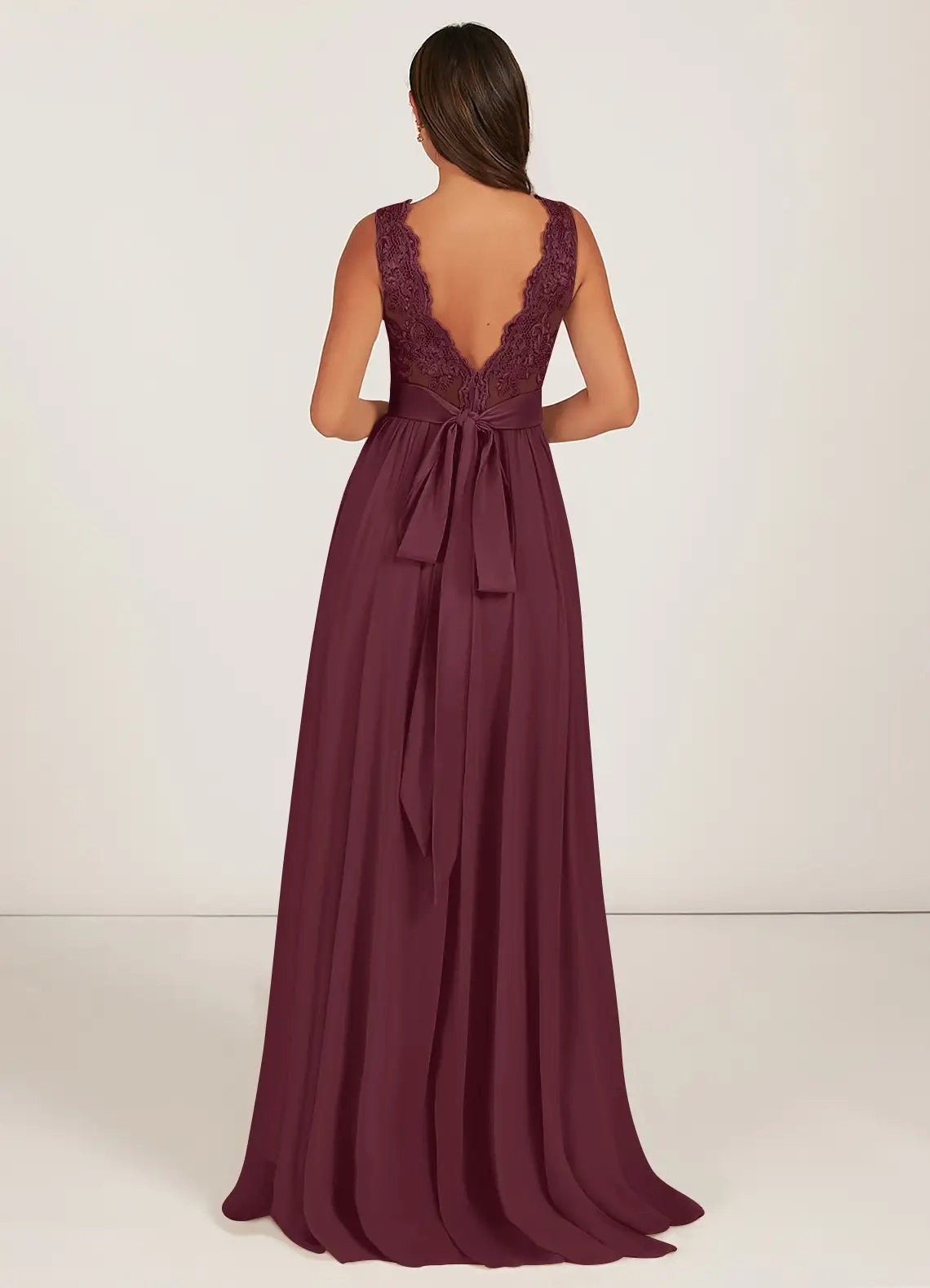 Burgundy Lace V-Neck Maxi Dress with Bow Back Cabernet A-Line Chiffon Dress Bridesmaid Dresses