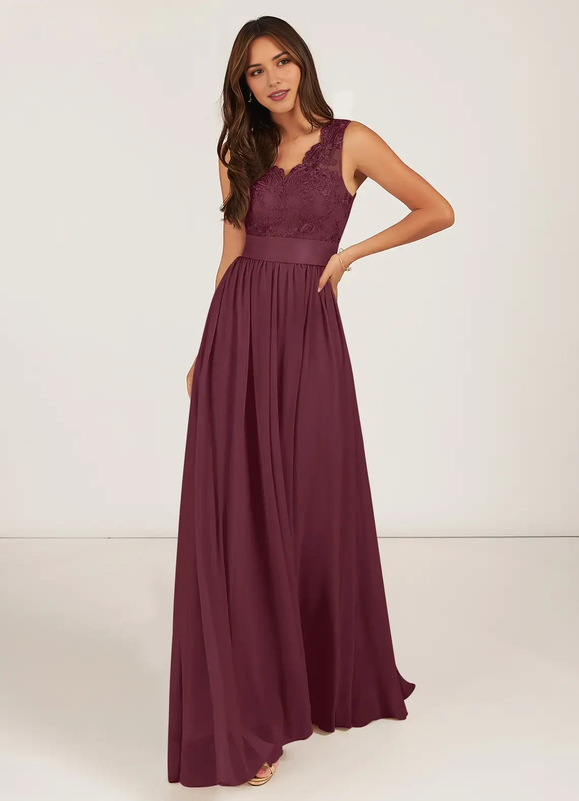 Burgundy Lace V-Neck Maxi Dress with Bow Back Cabernet A-Line Chiffon Dress Bridesmaid Dresses