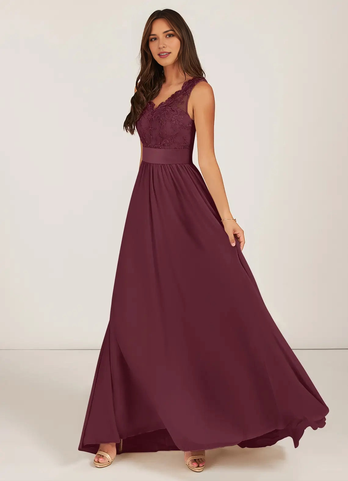 Burgundy Lace V-Neck Maxi Dress with Bow Back Cabernet A-Line Chiffon Dress Bridesmaid Dresses