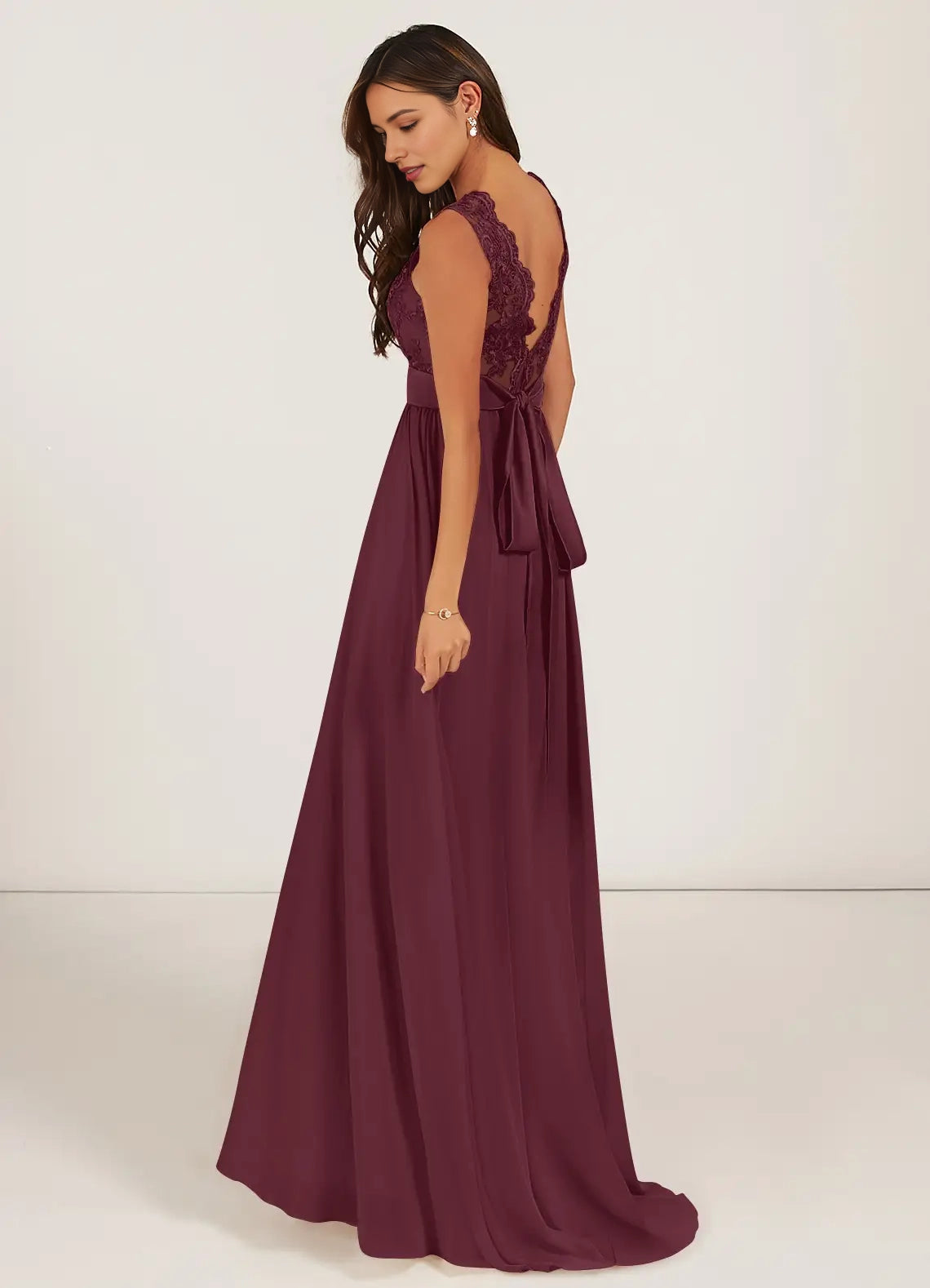 Burgundy Lace V-Neck Maxi Dress with Bow Back Cabernet A-Line Chiffon Dress Bridesmaid Dresses