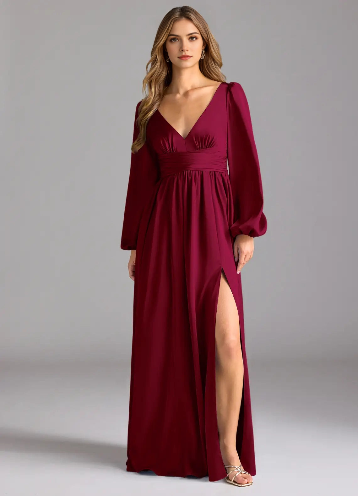 Burgundy Long Sleeve Maxi Dress with Plunging Neckline and Open Back A-Line Stretch Satin Bridesmaid Dresses