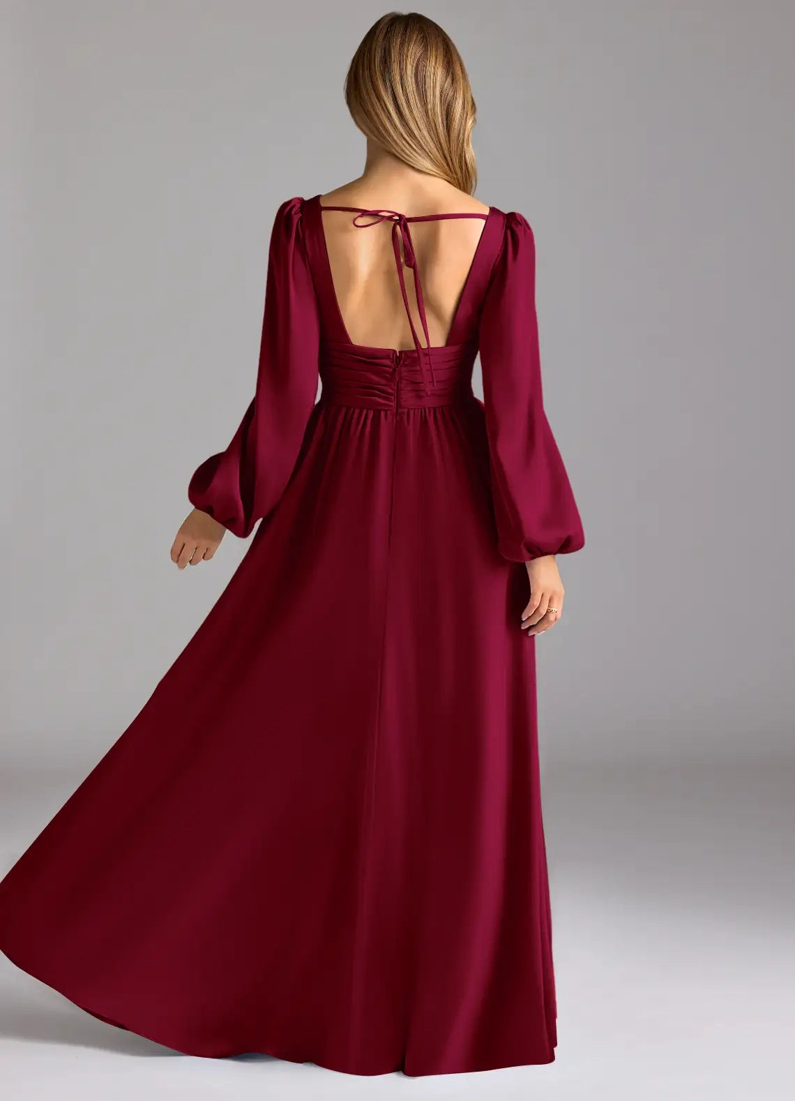 Burgundy Long Sleeve Maxi Dress with Plunging Neckline and Open Back A-Line Stretch Satin Bridesmaid Dresses