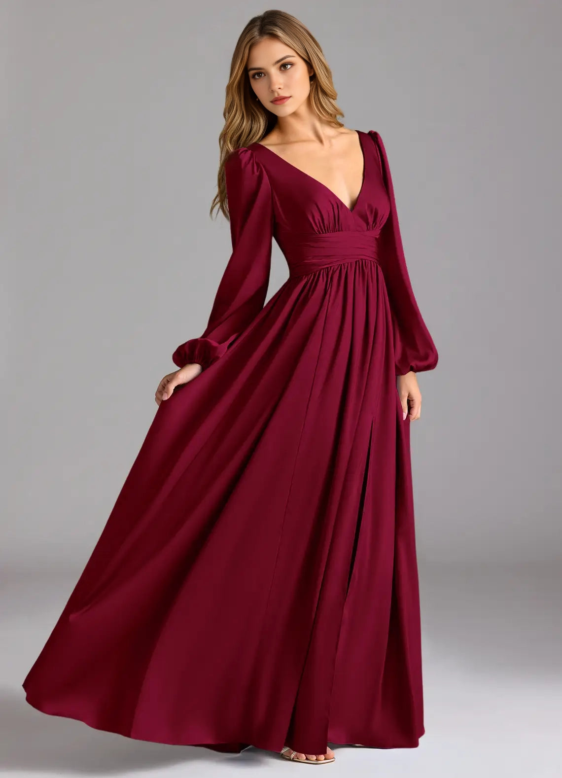 Burgundy Long Sleeve Maxi Dress with Plunging Neckline and Open Back A-Line Stretch Satin Bridesmaid Dresses