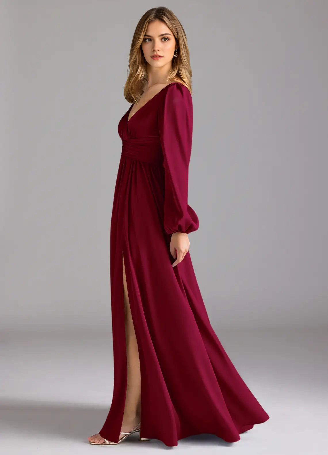 Burgundy Long Sleeve Maxi Dress with Plunging Neckline and Open Back A-Line Stretch Satin Bridesmaid Dresses