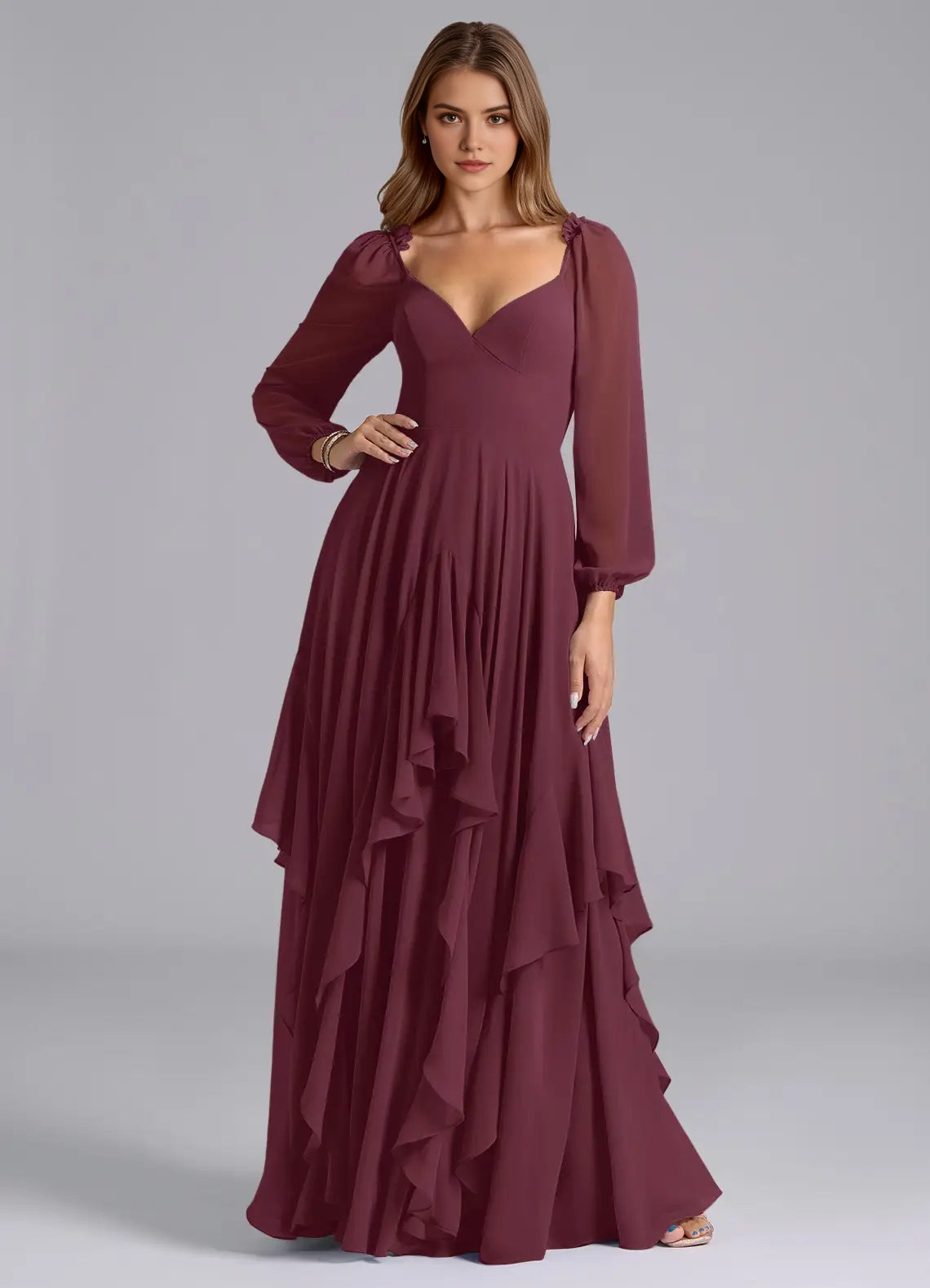 Burgundy Long Sleeve Maxi Dress with Ruffled Skirt and Open Back A-Line Long Sleeve Chiffon DressBridesmaid Dresses