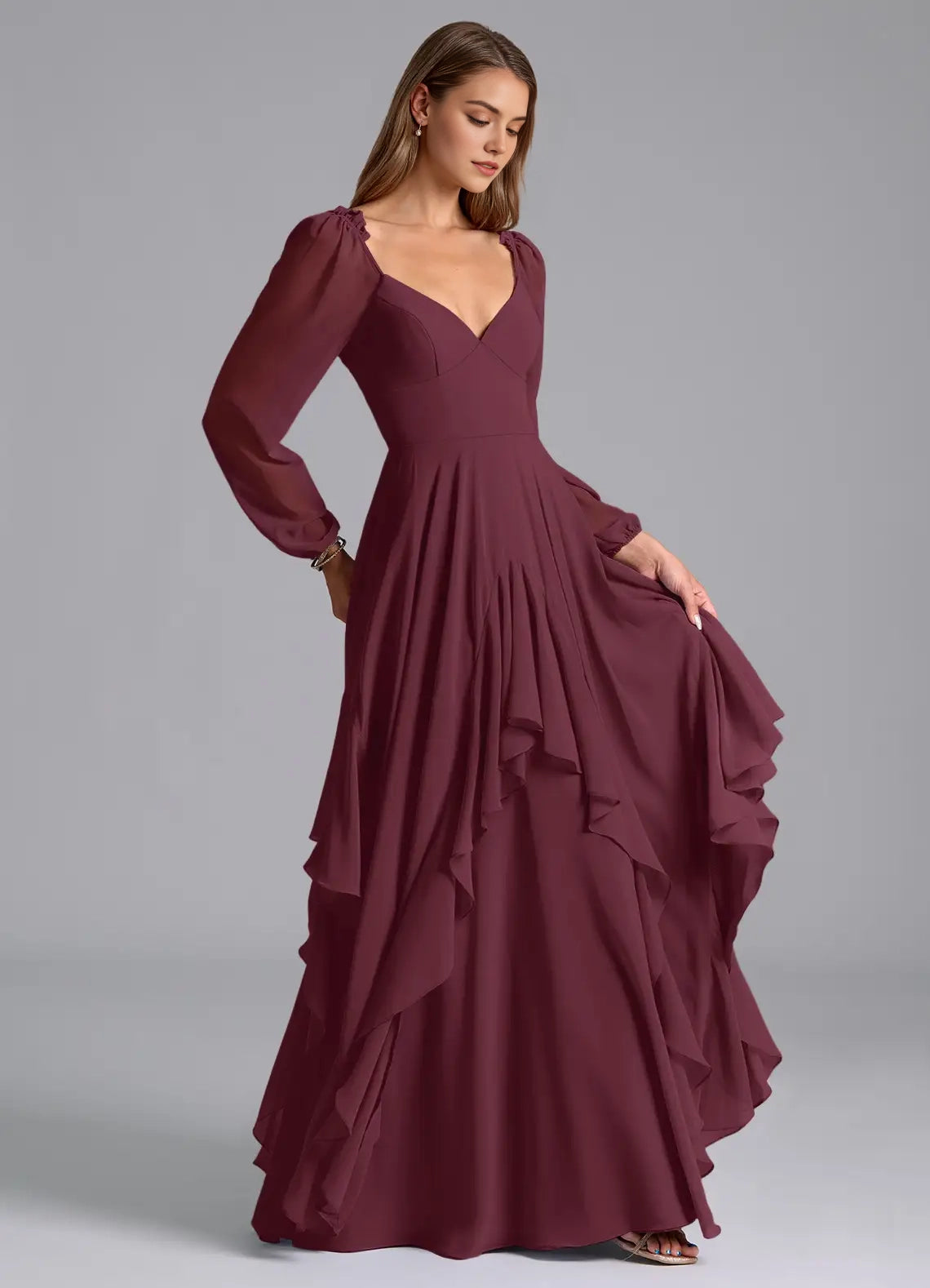 Burgundy Long Sleeve Maxi Dress with Ruffled Skirt and Open Back A-Line Long Sleeve Chiffon DressBridesmaid Dresses