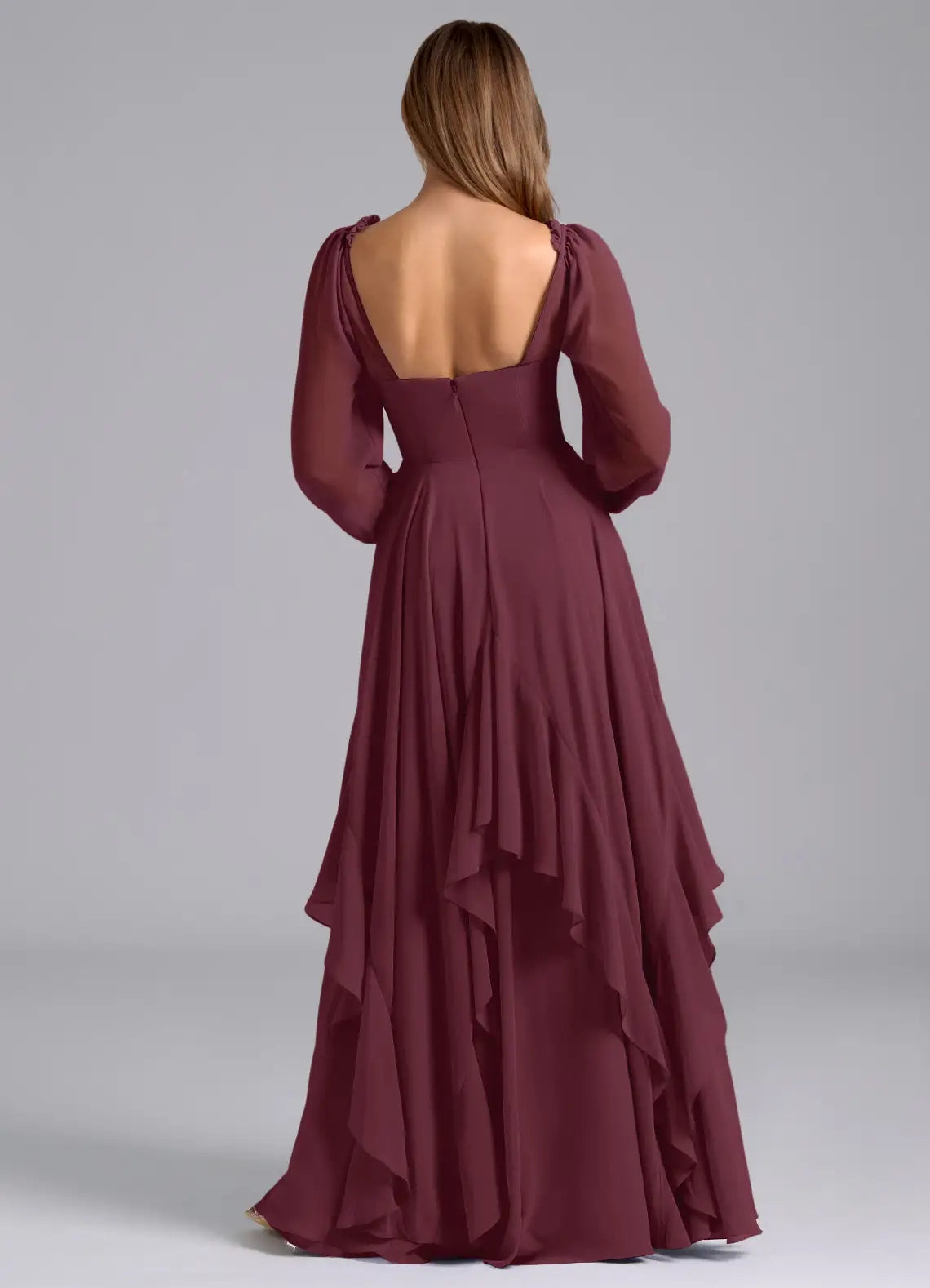 Burgundy Long Sleeve Maxi Dress with Ruffled Skirt and Open Back A-Line Long Sleeve Chiffon DressBridesmaid Dresses