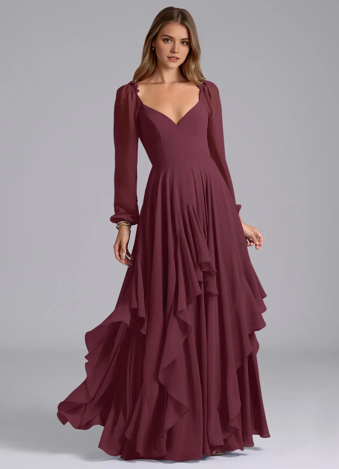 Burgundy Long Sleeve Maxi Dress with Ruffled Skirt and Open Back A-Line Long Sleeve Chiffon DressBridesmaid Dresses