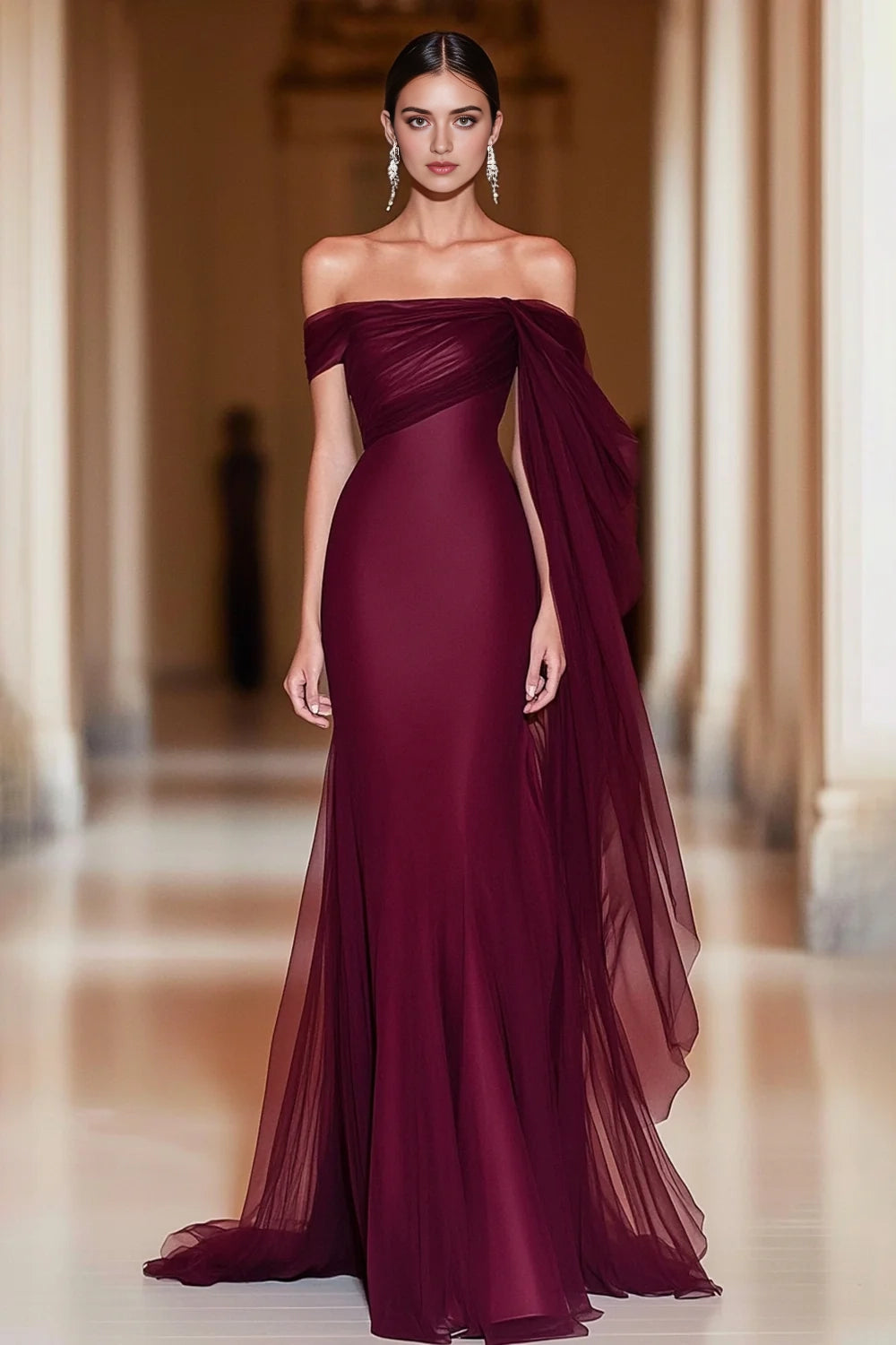 Burgundy Off - Shoulder Draped Tulle Evening Gown Cabernet Off the Shoulder Mermaid Tulle Long Military Ball Dress Evening Dress