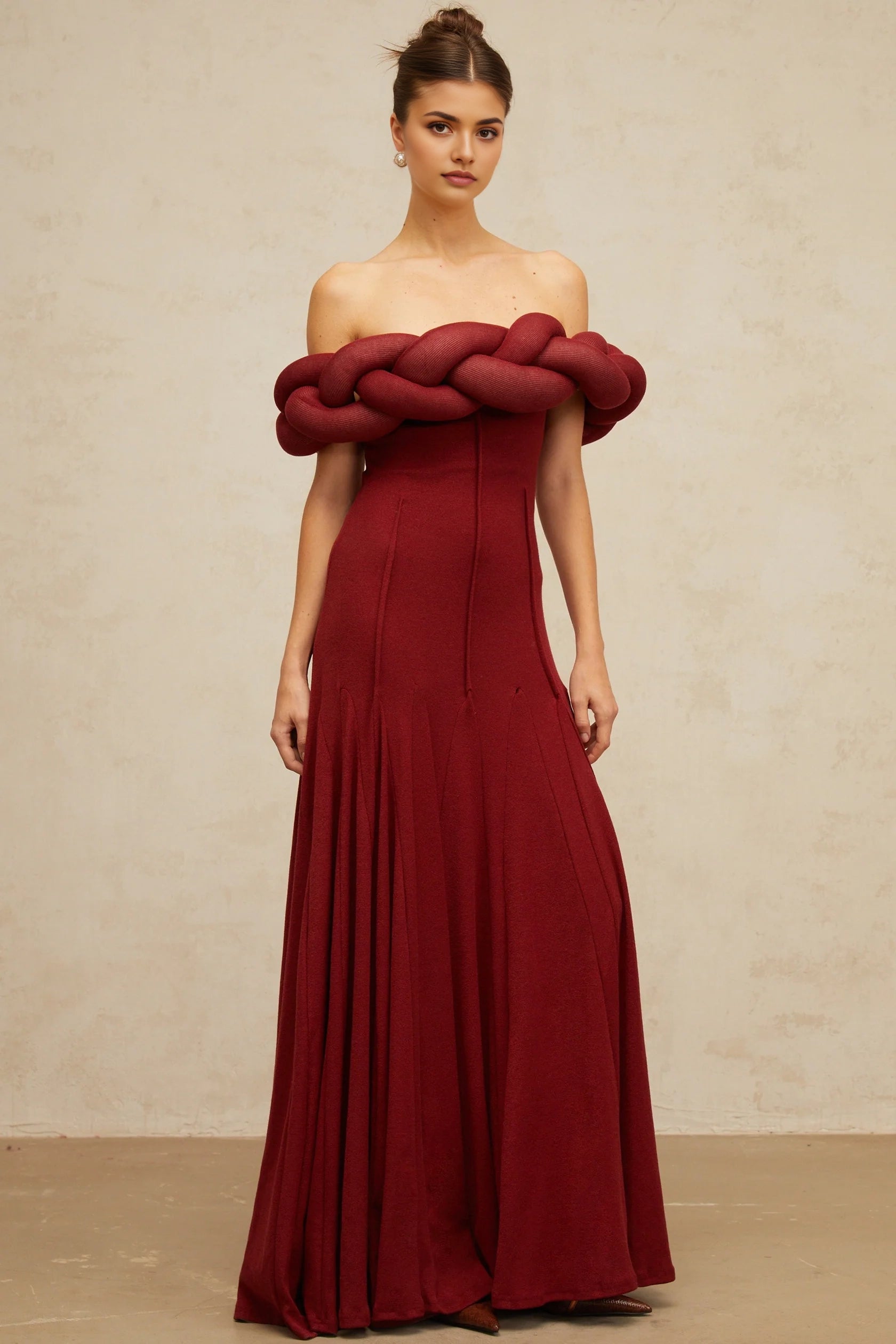 Burgundy Off - Shoulder Maxi Dress with Braided Detail red braid-design knit maxi dress Evening Dress