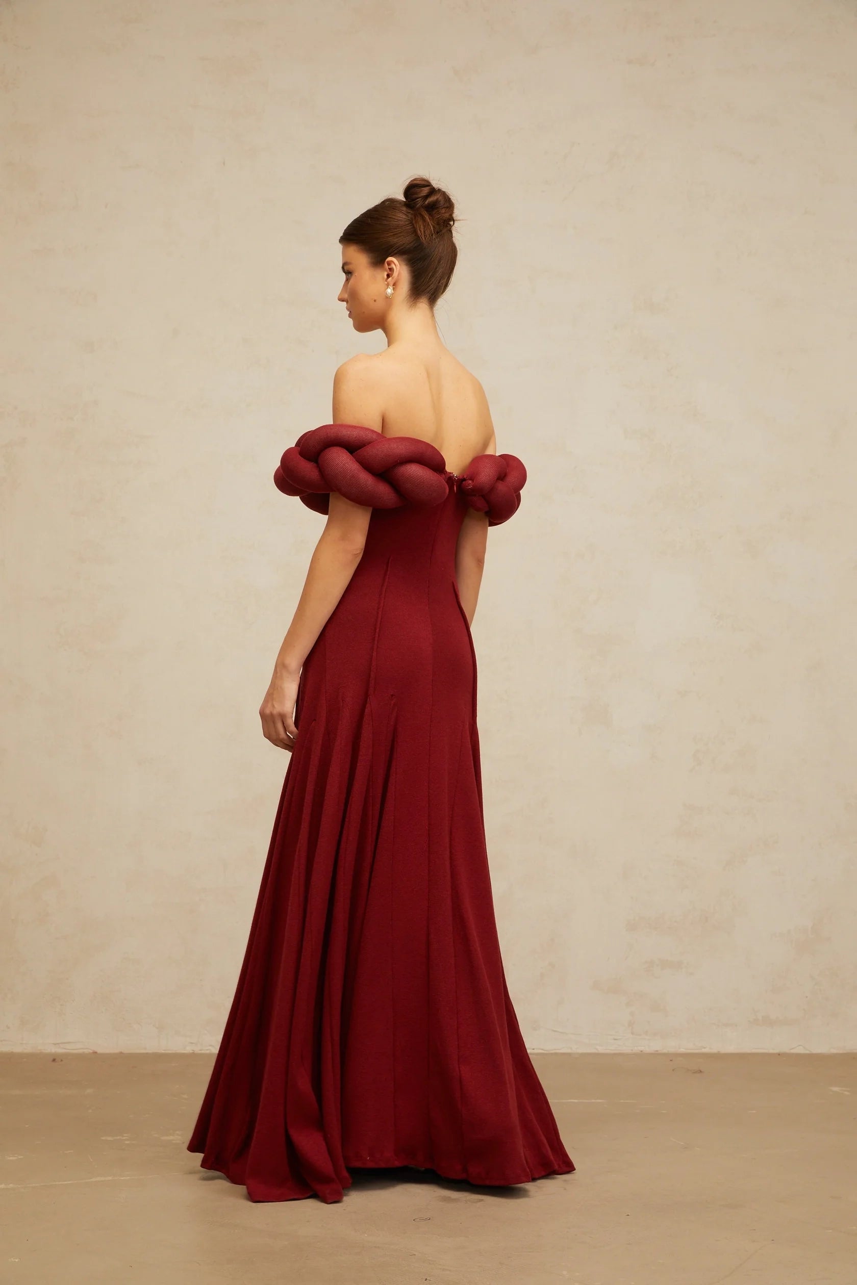 Burgundy Off - Shoulder Maxi Dress with Braided Detail red braid-design knit maxi dress Evening Dress