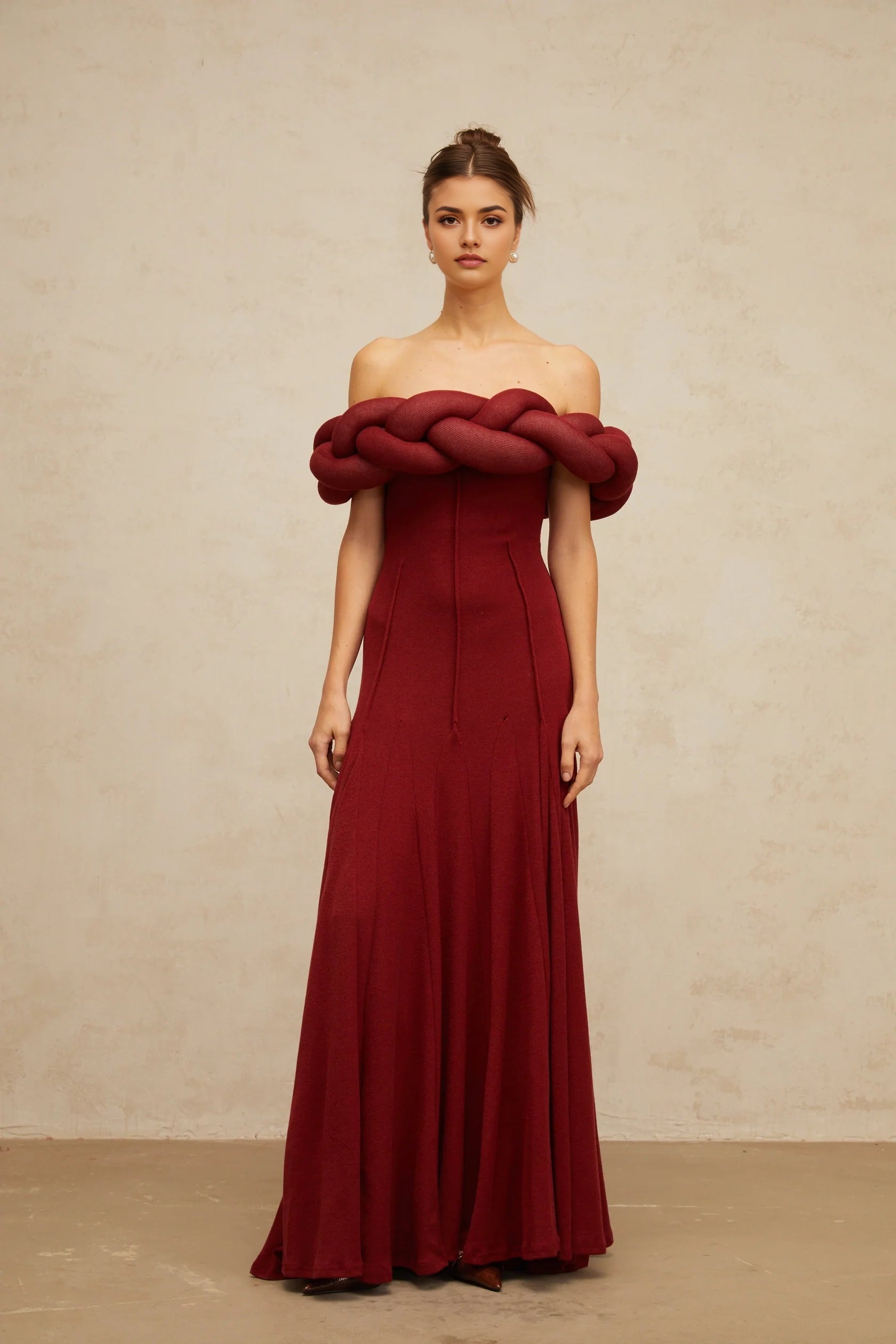 Burgundy Off - Shoulder Maxi Dress with Braided Detail red braid-design knit maxi dress Evening Dress